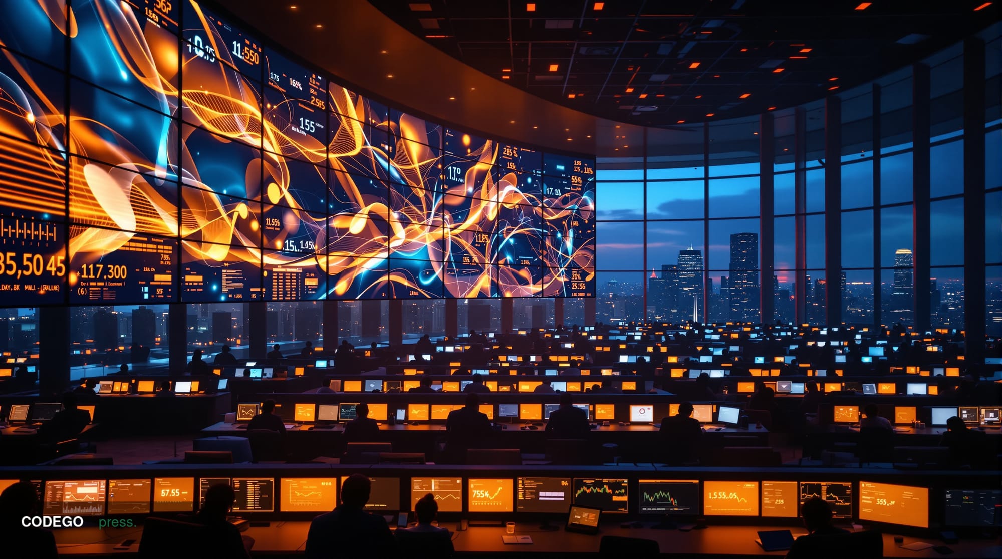 A dramatic wide-angle photograph of a large digital trading floor or cryptocurrency exchange headquarters at dusk, with multi
