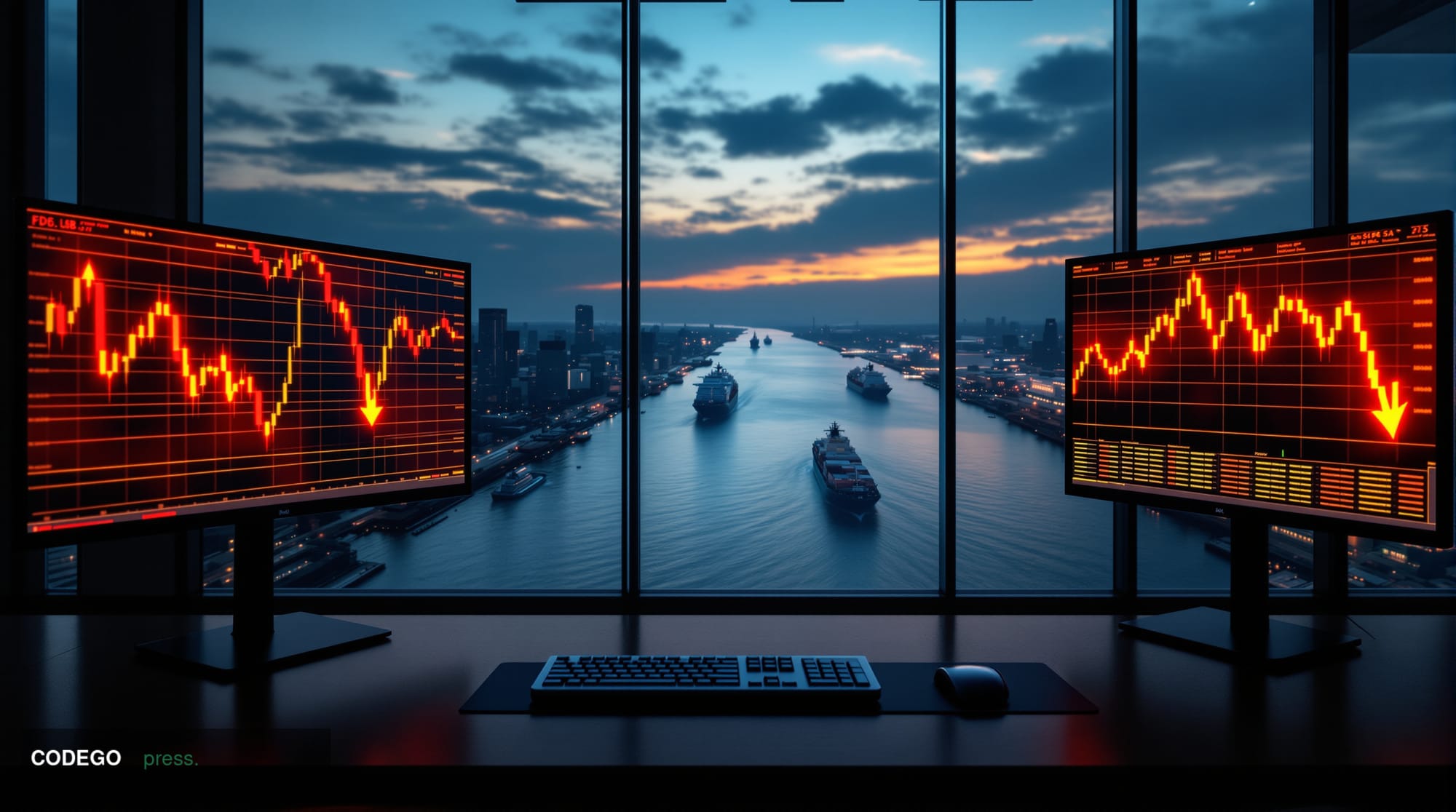 A dramatic photorealistic editorial photograph showing the intersection of geopolitical tension and financial markets. The fo