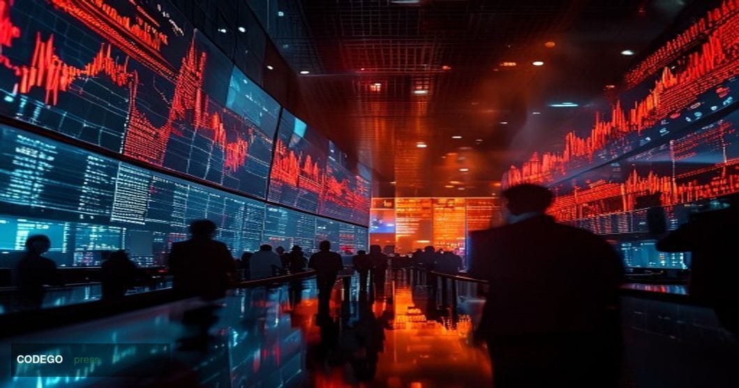 A cinematic editorial news photograph showing Bitcoin's price decline through a dramatic trading floor perspective. The scene