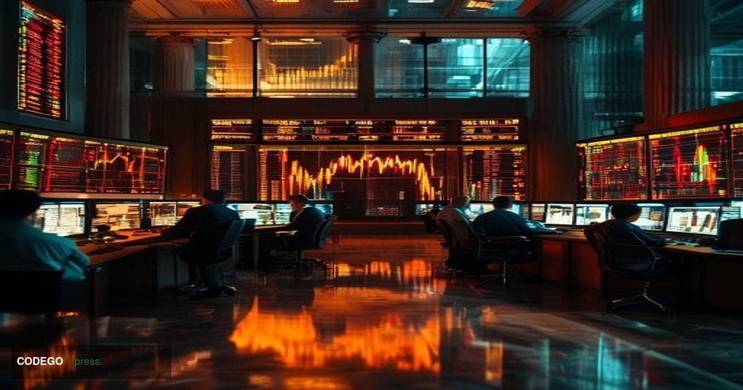 A cinematic editorial photograph of the New York Stock Exchange trading floor during a turbulent session, captured with drama