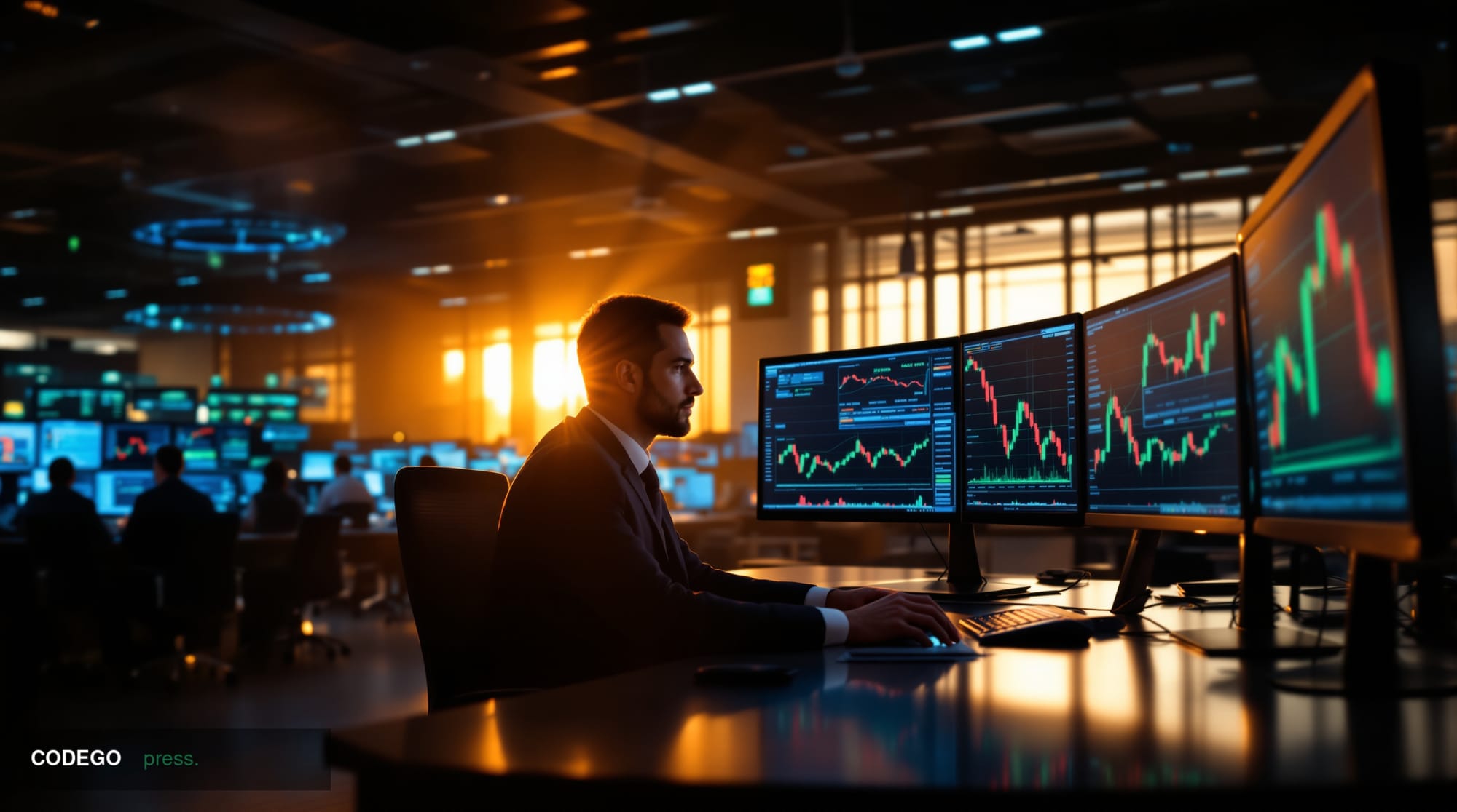 Cinematic editorial photograph of a modern financial trading floor at golden hour, with warm amber light streaming through fl