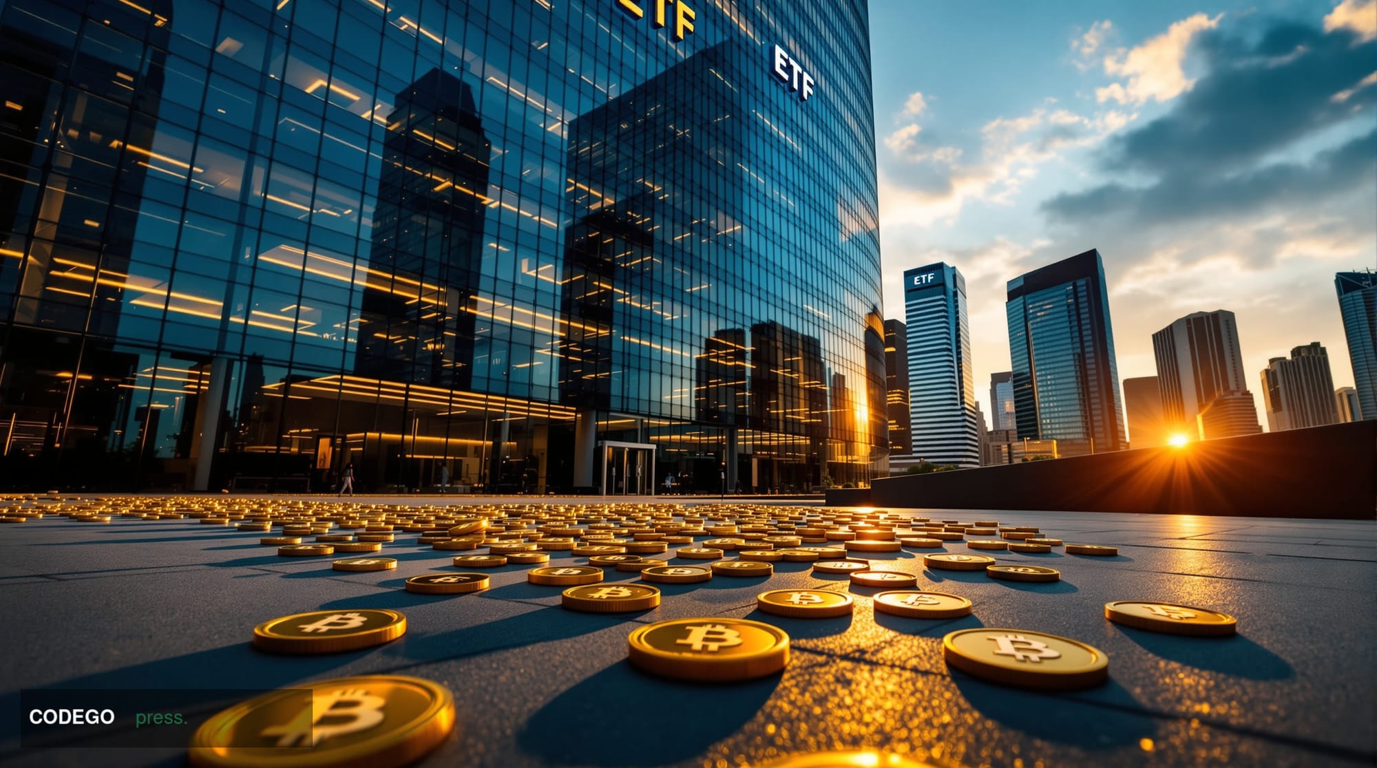 A cinematic editorial photograph showing the exterior of a major financial district building housing ETF operations, shot dur