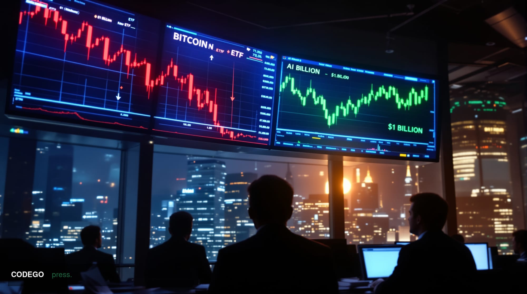 A cinematic editorial photograph capturing the dramatic shift in investment flows from cryptocurrency to artificial intellige