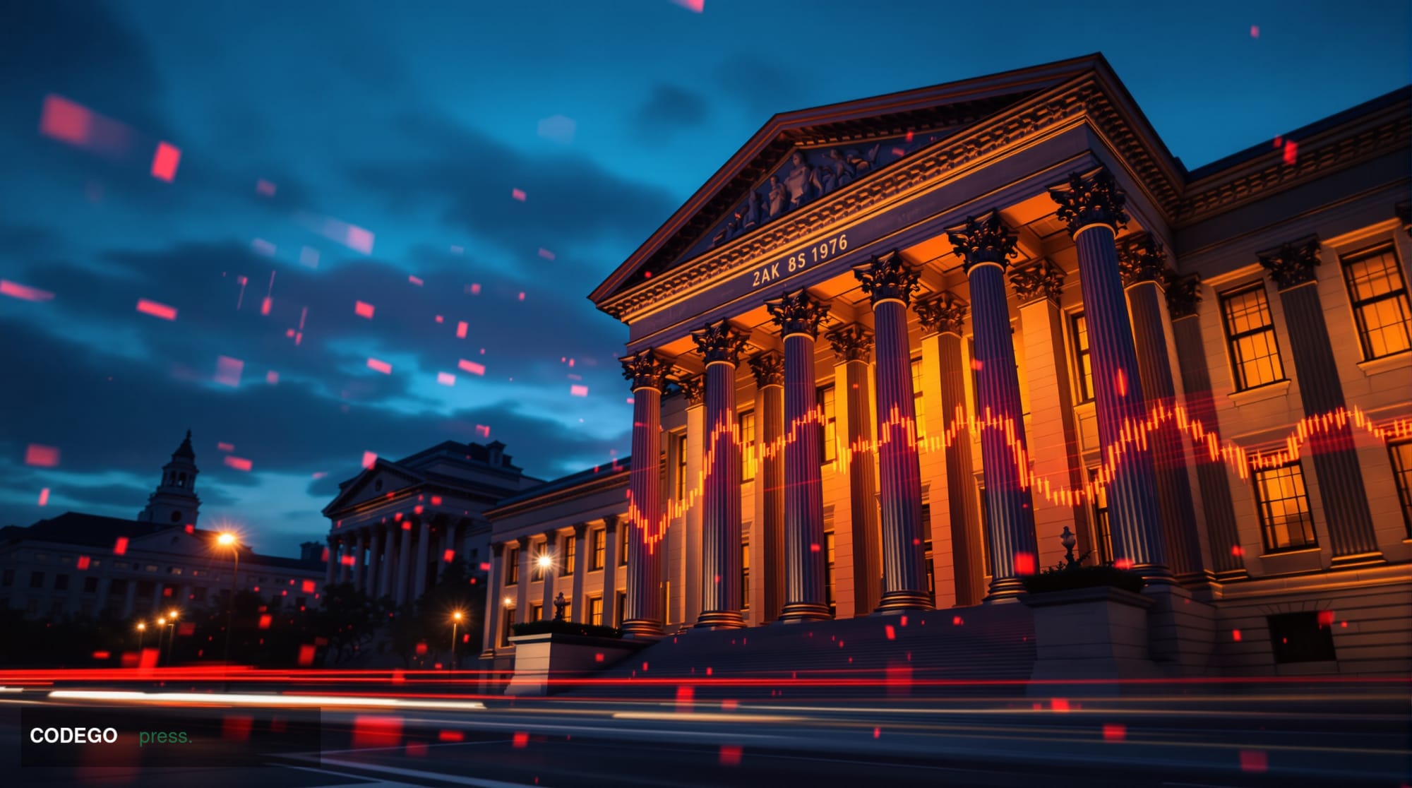 A dramatic cinematic photograph capturing the tension in cryptocurrency markets through the facade of the <a href="https://ww
