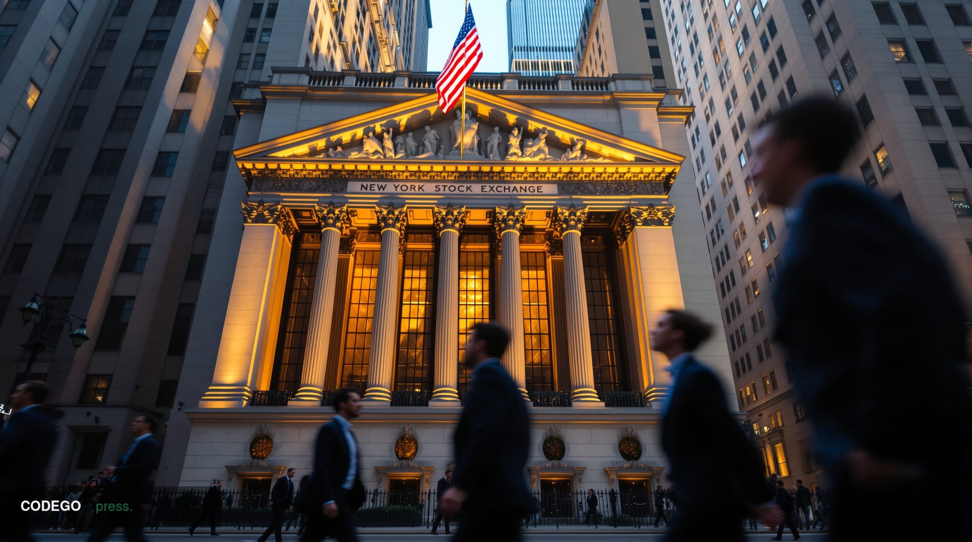 A dramatic photorealistic editorial photograph of the New York Stock Exchange facade at dawn, with the iconic columns and Ame