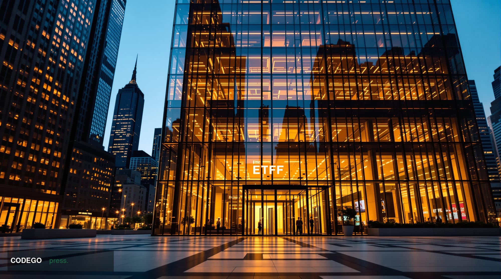 A dramatic photorealistic editorial photograph showing the exterior of a major financial district building housing Bitcoin ET