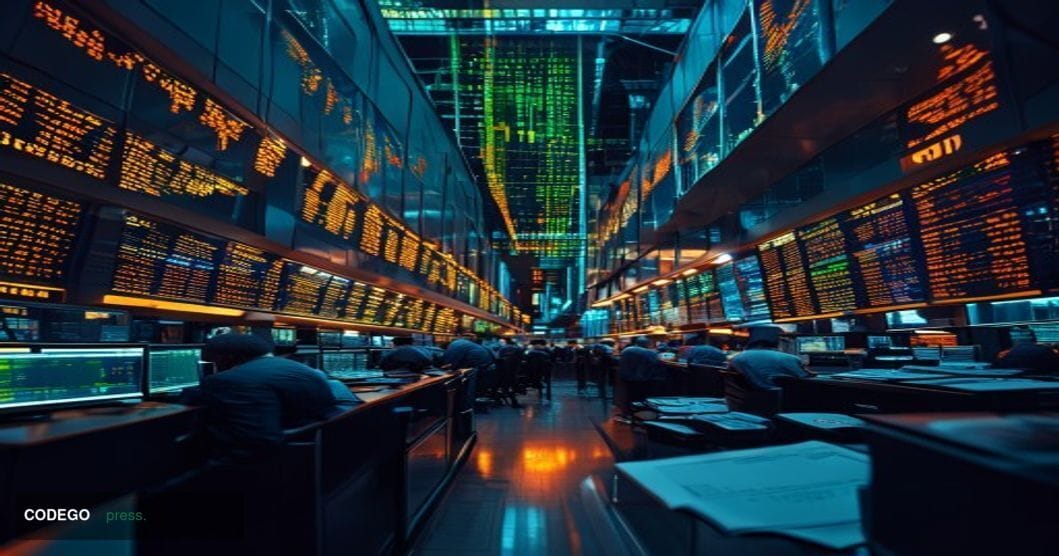 A cinematic editorial photograph capturing the bustling trading floor of a major financial exchange, with multiple large LED 