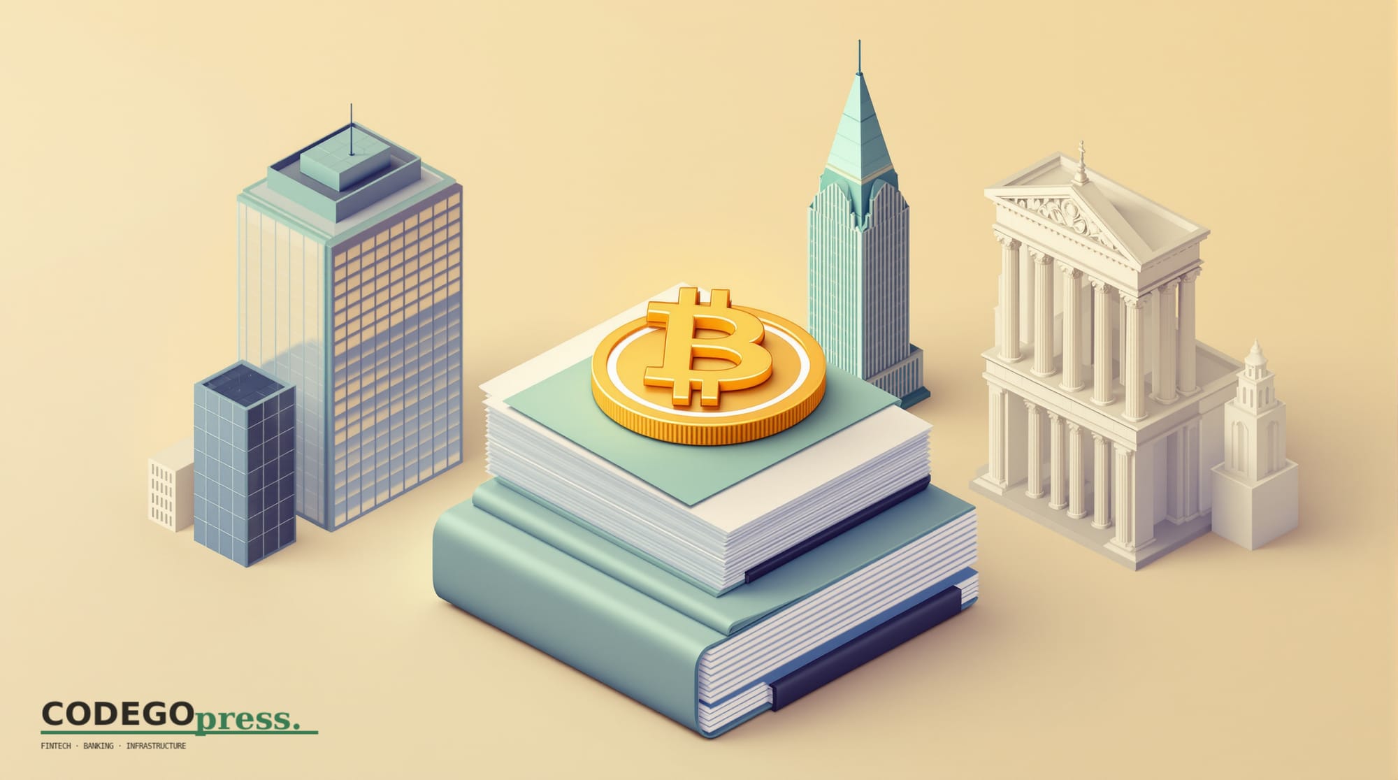 Golden Bitcoin block in centre mounted on a pedestal of stacked peer-reviewed research papers with navy binding, Bitcoin deve