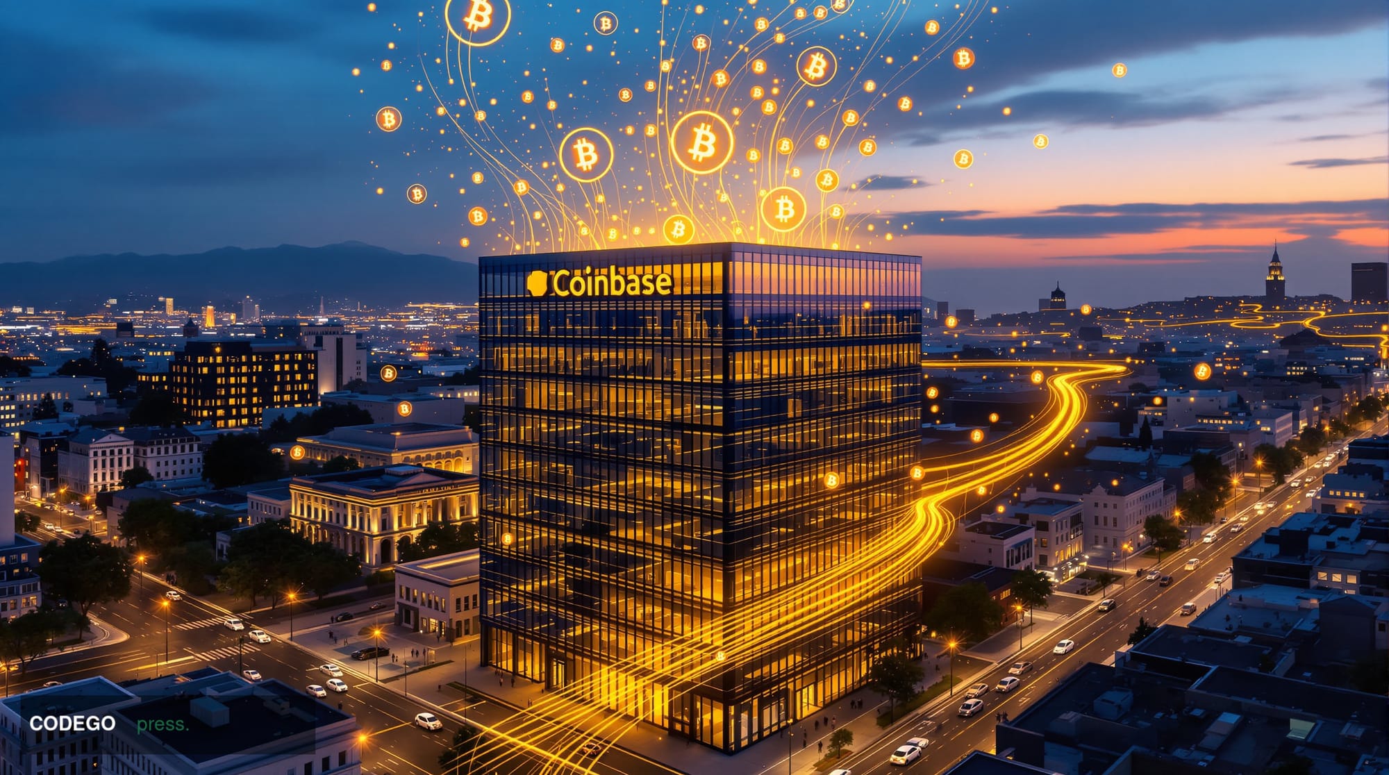 A dramatic photorealistic aerial view of the <a href="https://www.coinbase.com" target="_blank" rel="noopener">Coinbase</a> h