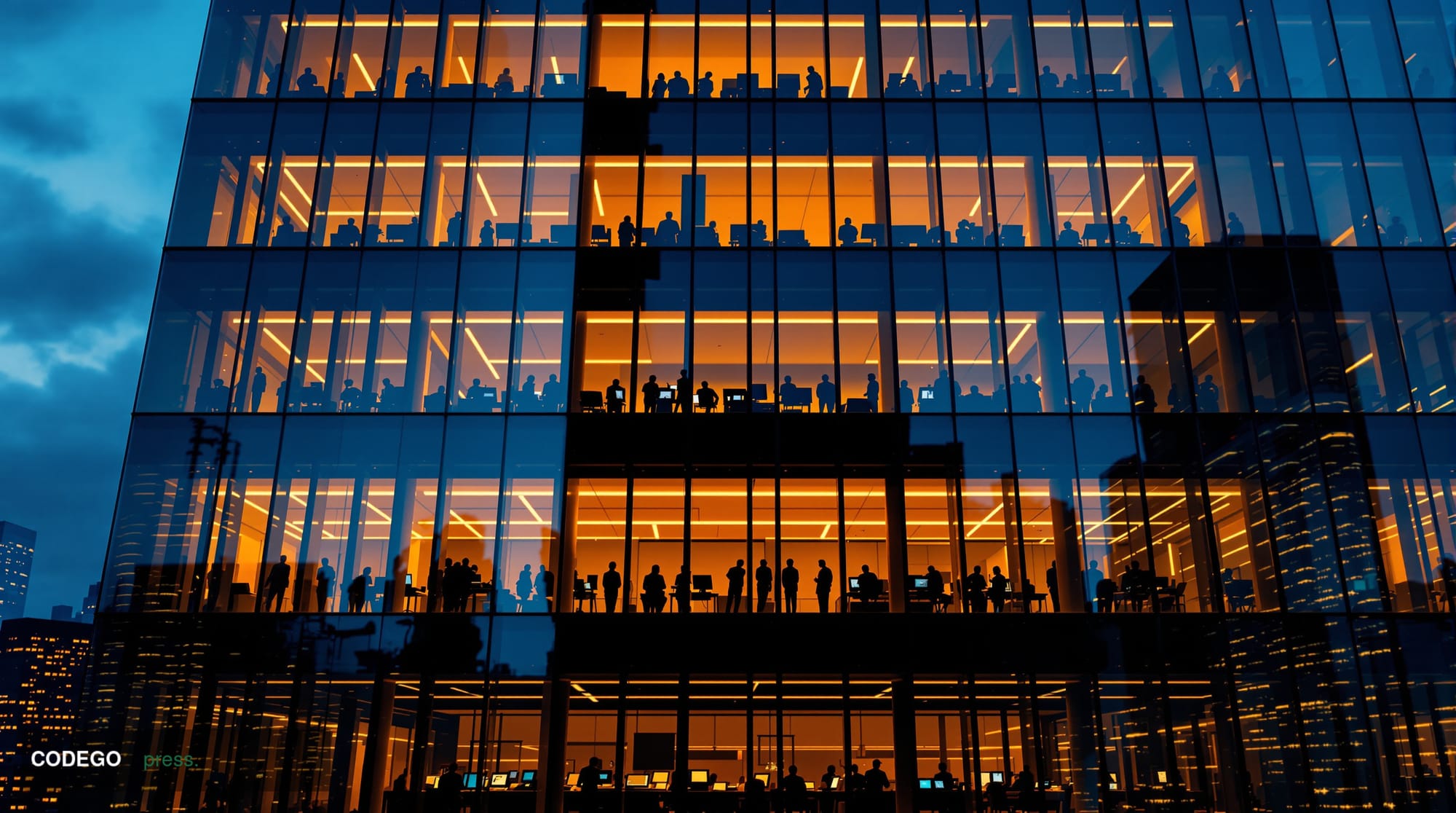 A dramatic cinematic photograph of a modern cryptocurrency trading floor or financial district office building at dusk, with 