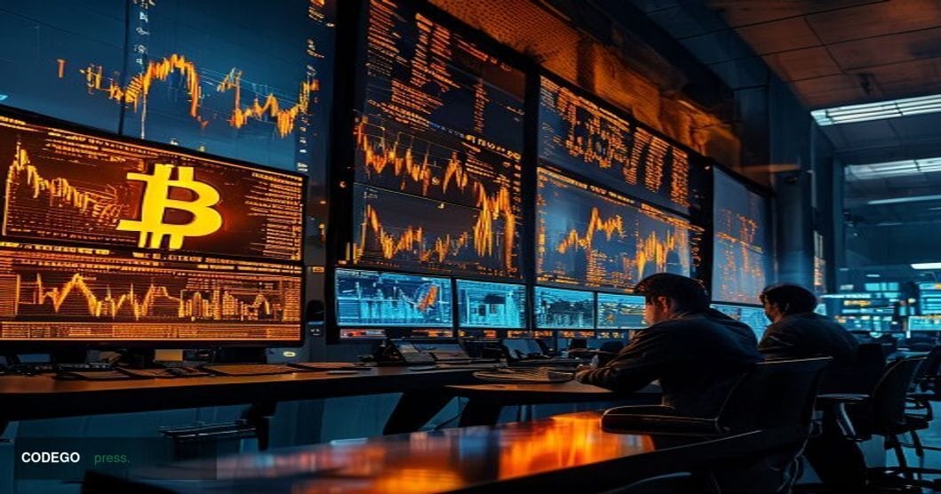 A cinematic editorial photograph of Bitcoin trading charts displayed on multiple large monitors in a high-end cryptocurrency 