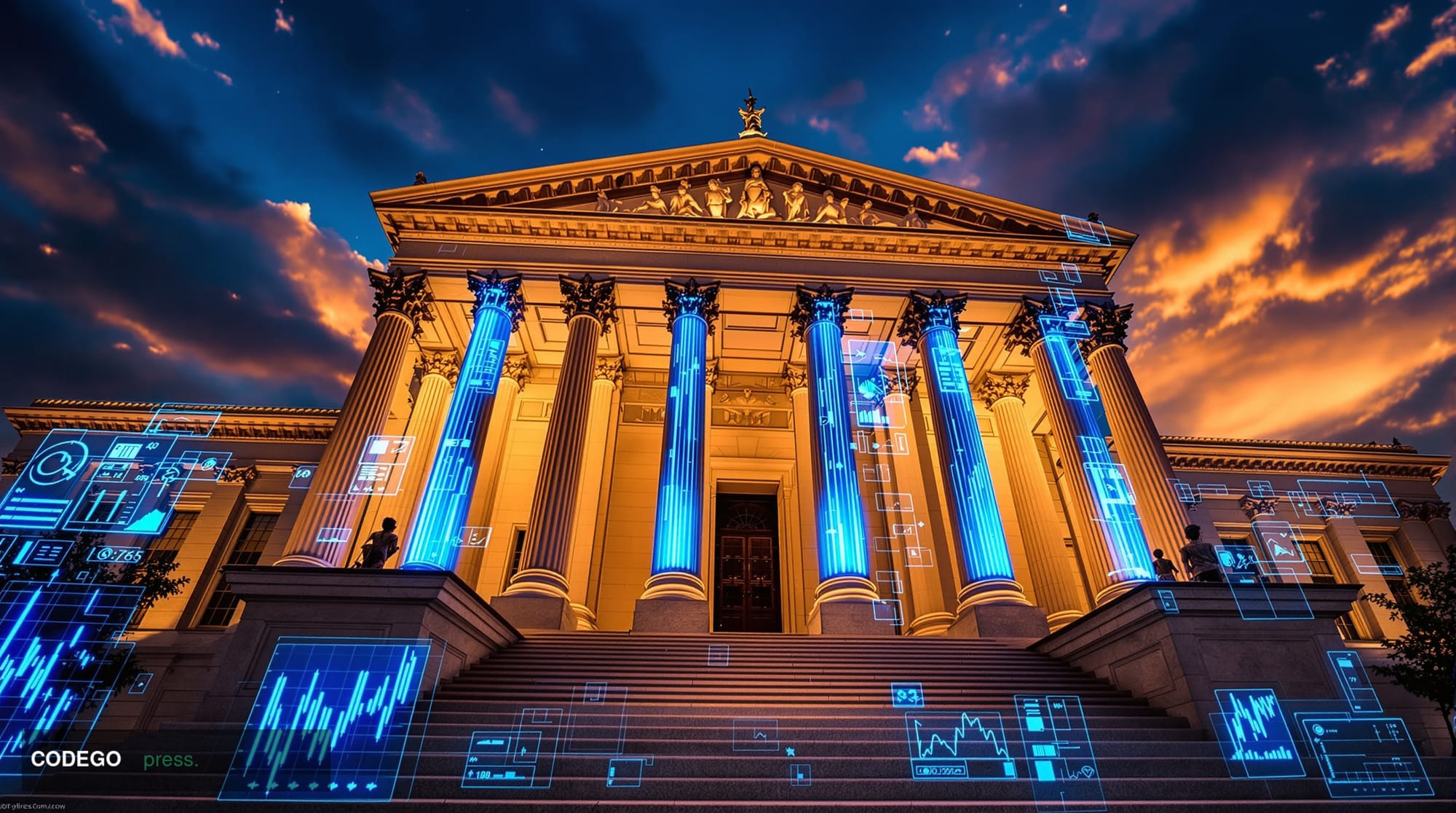 A cinematic editorial photograph showing the iconic Federal Reserve building in Washington D.C. with its neoclassical columns