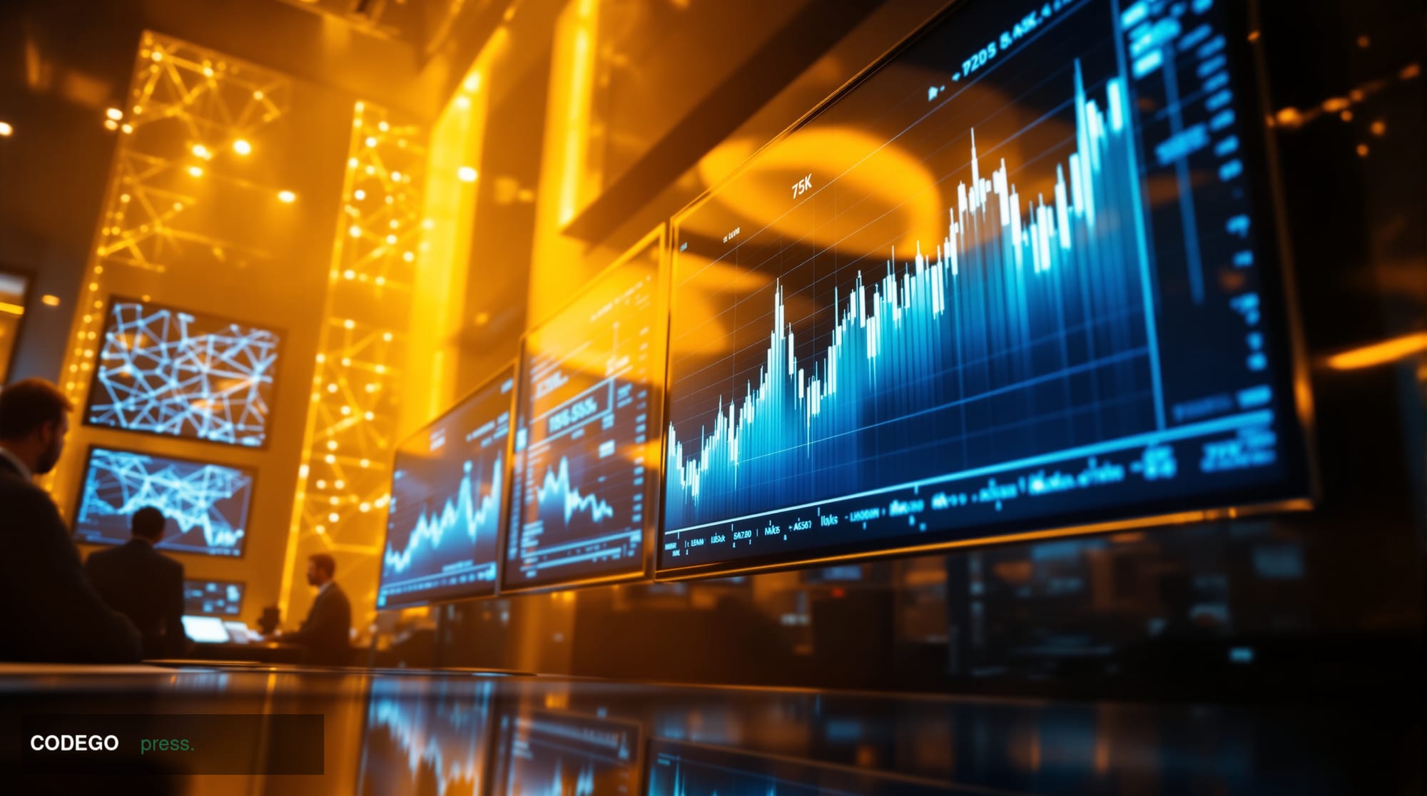 A dramatic wide-angle view of a modern cryptocurrency trading floor with multiple large monitors displaying Bitcoin price cha