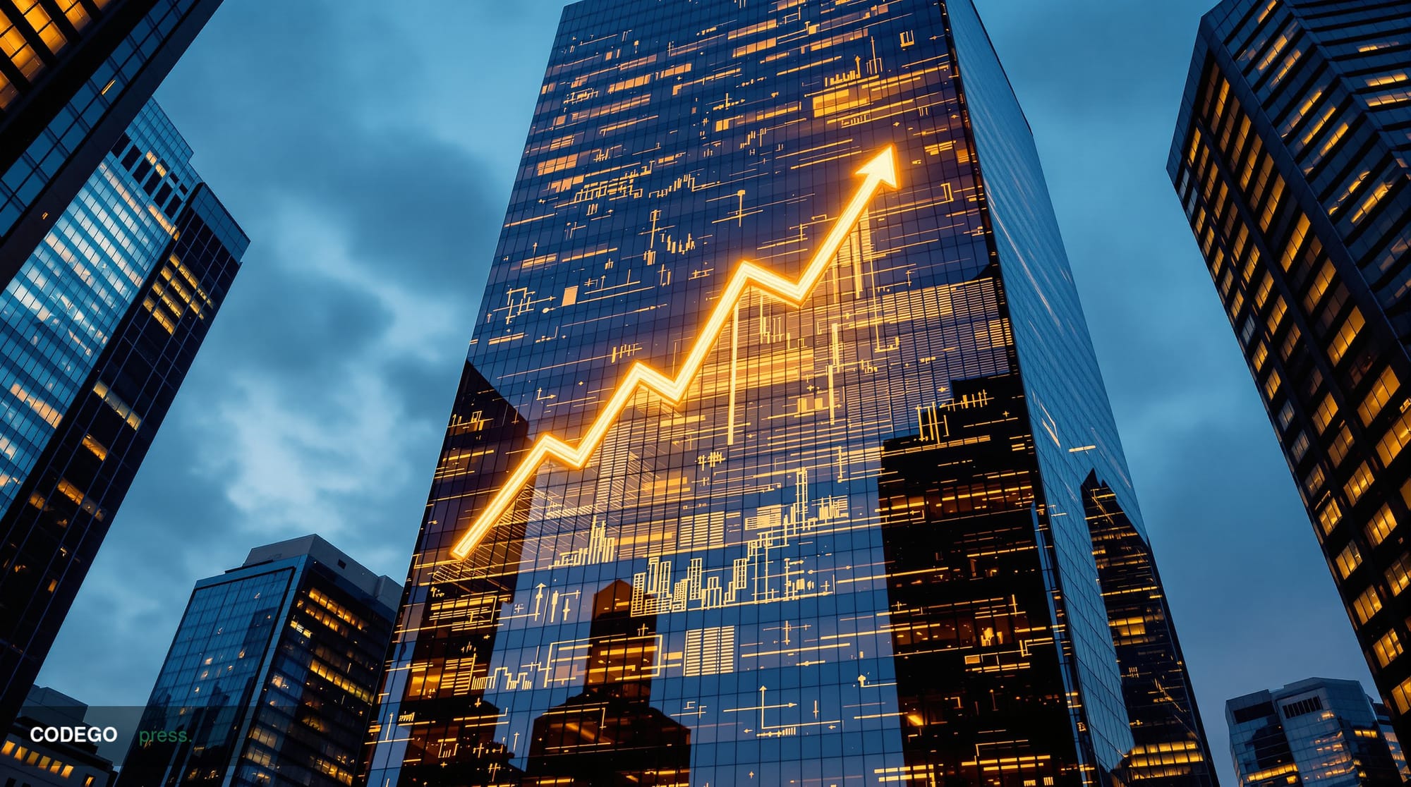 A photorealistic editorial photograph showing the iconic Bitcoin symbol projected in golden light onto the glass facade of a 