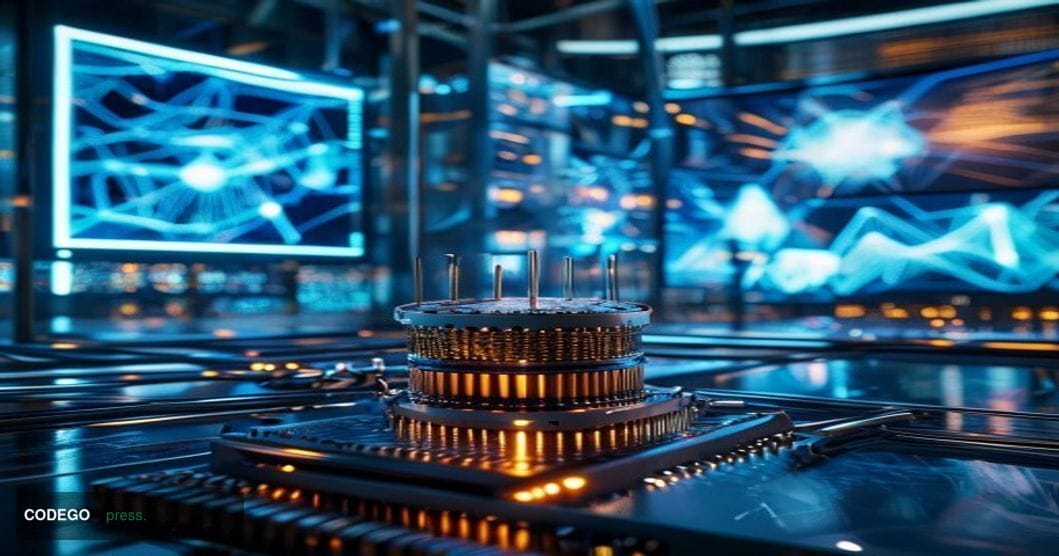 A dramatic editorial photograph showing a futuristic quantum computer facility with gleaming metallic quantum processors in t