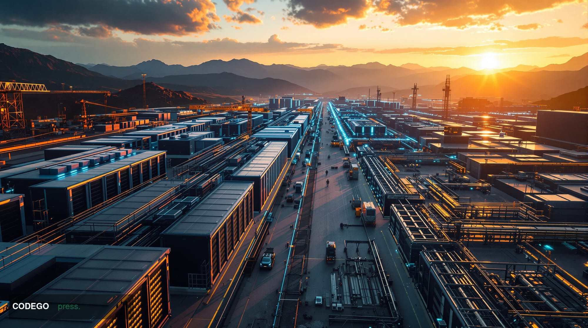 A dramatic photorealistic aerial view of a massive industrial Bitcoin mining facility at golden hour, with rows of sleek comp
