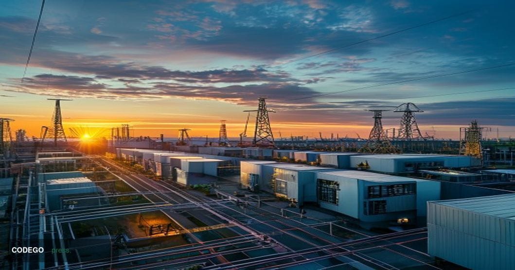 A dramatic wide-angle exterior shot of a modern Bitcoin mining facility at golden hour, featuring rows of industrial building