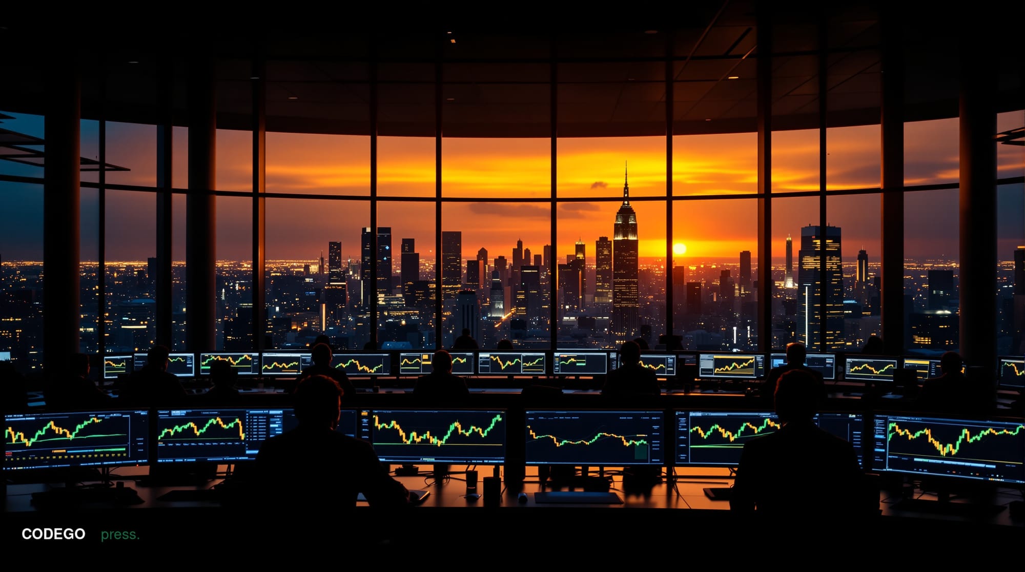A cinematic editorial photograph of a modern cryptocurrency trading floor with multiple curved monitors displaying Bitcoin pr