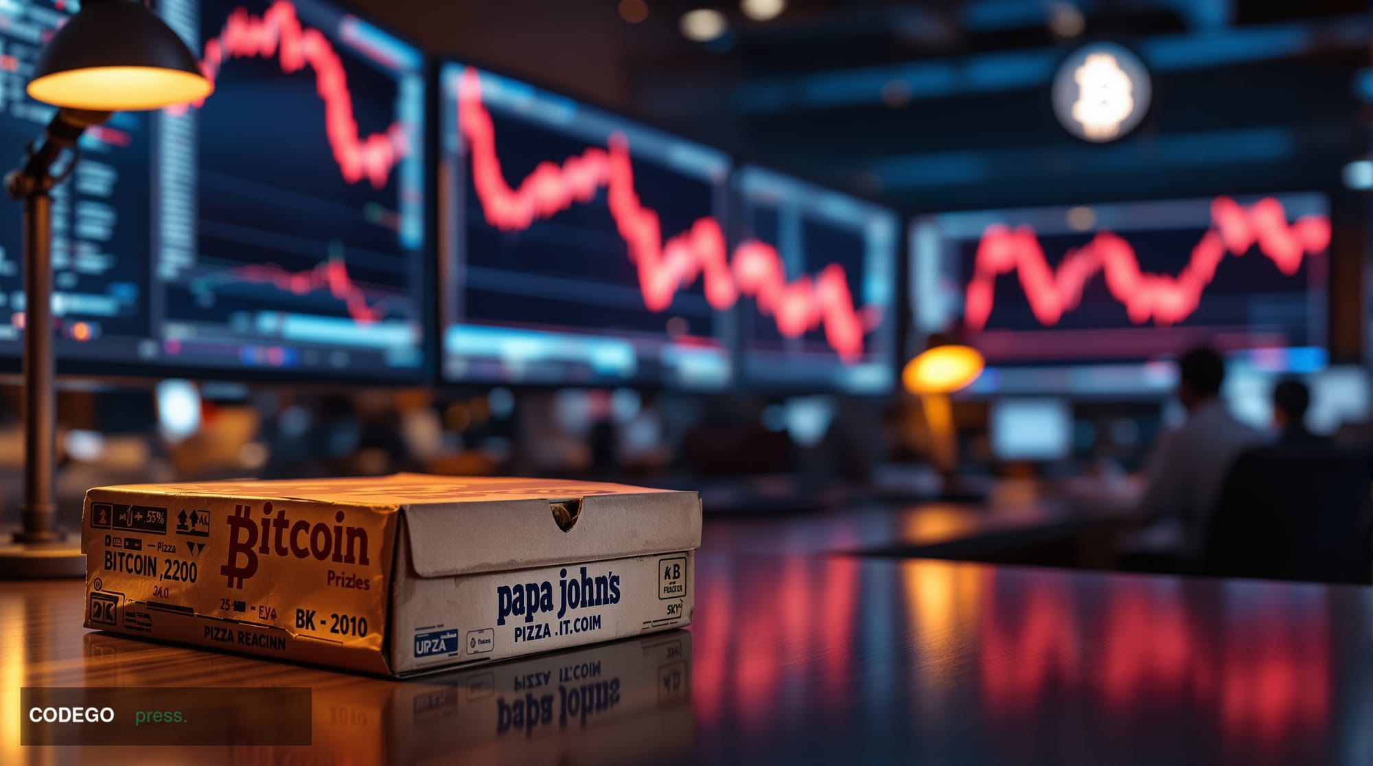A cinematic editorial photograph showing a modern cryptocurrency trading floor or fintech office environment with multiple la