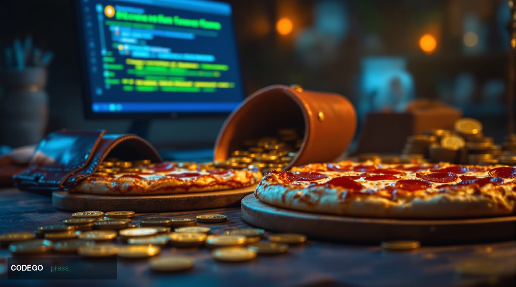 A cinematic editorial photograph showing two large pepperoni pizzas on wooden cutting boards in sharp foreground focus, with 
