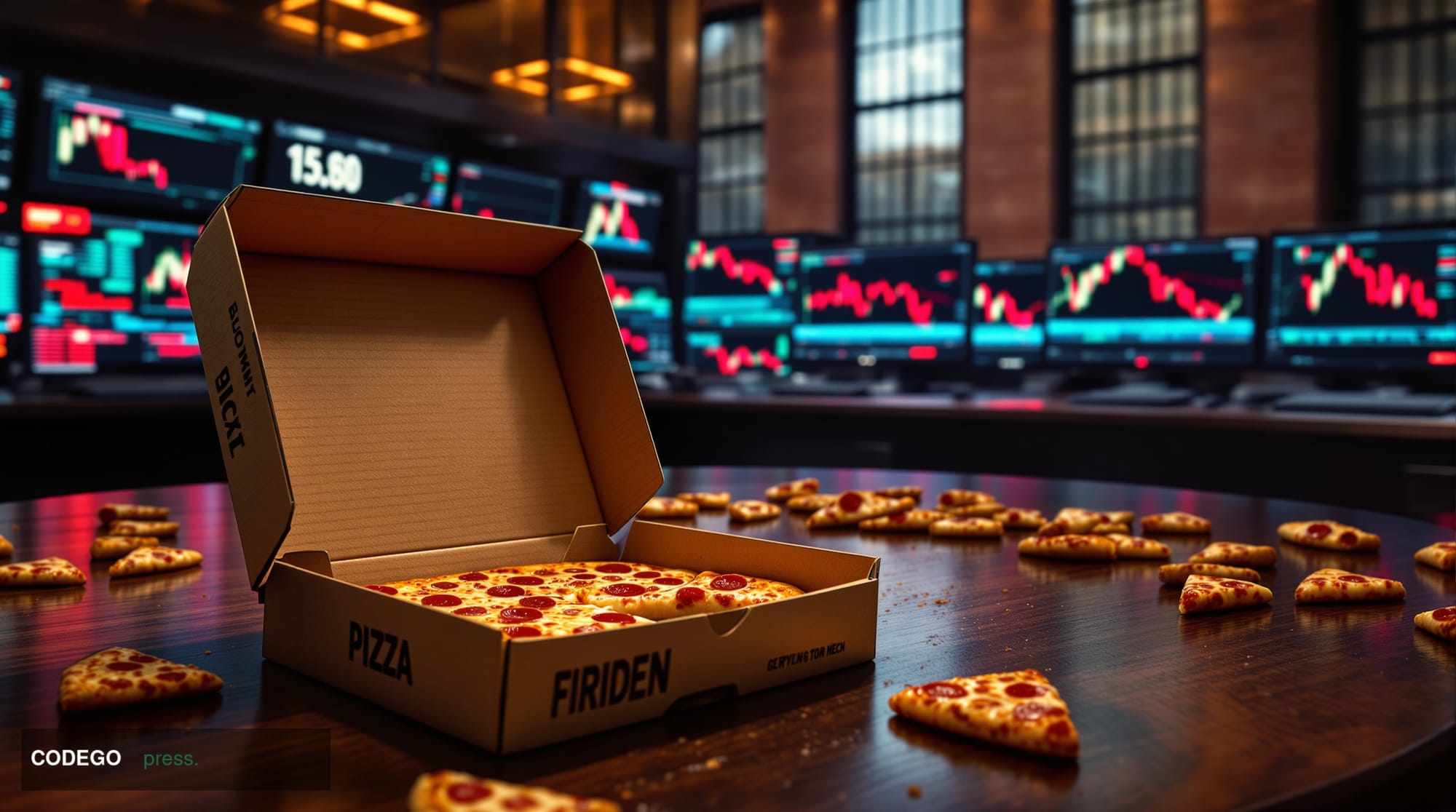 A cinematic editorial photograph capturing the contrast between Bitcoin's celebratory origins and current market struggles. T