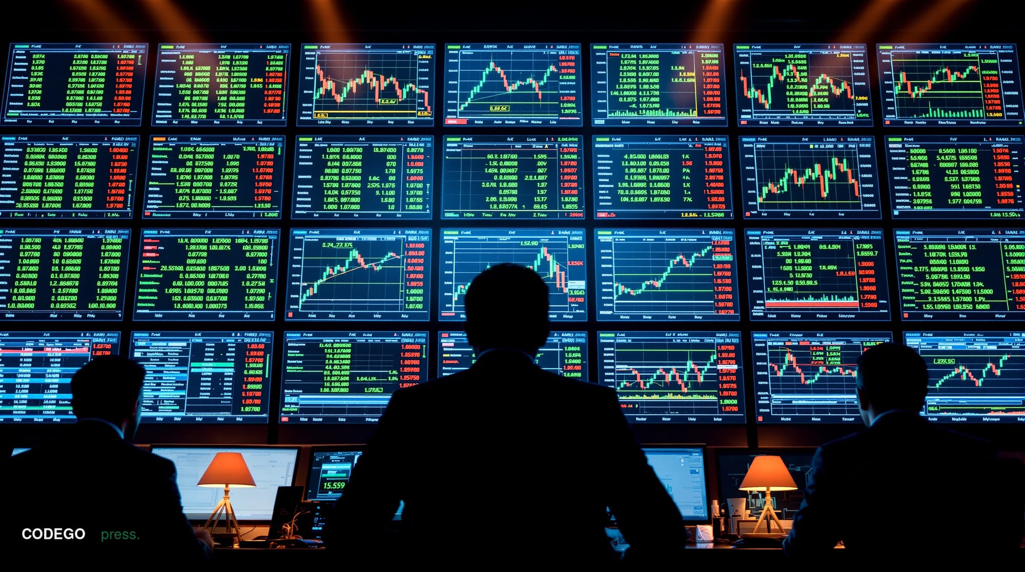 A dramatic cinematic editorial photograph capturing Bitcoin's volatile price action through a sophisticated trading floor env