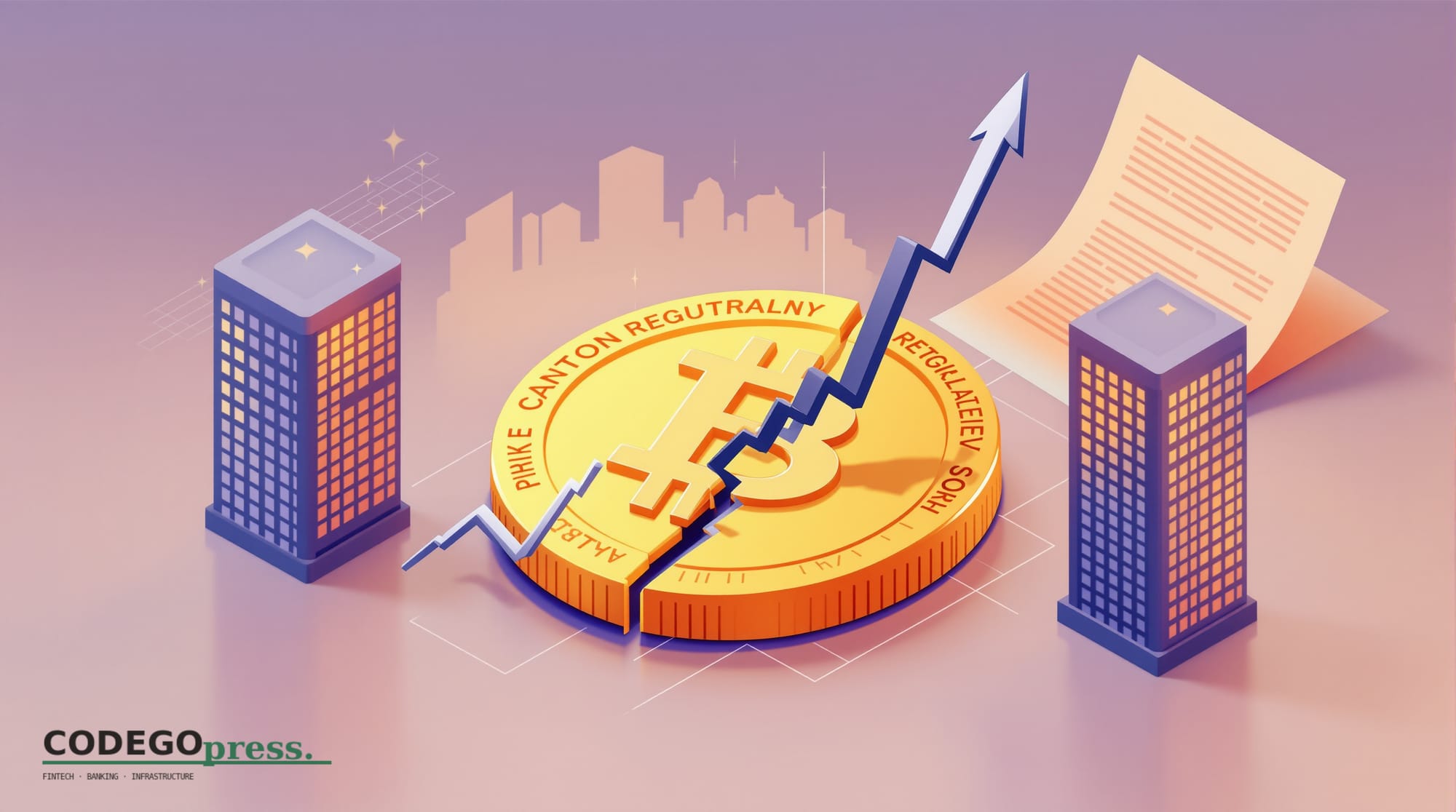 Flat 3D isometric vector editorial illustration showing a Bitcoin coin (golden, geometric, faceted) positioned on an upward t