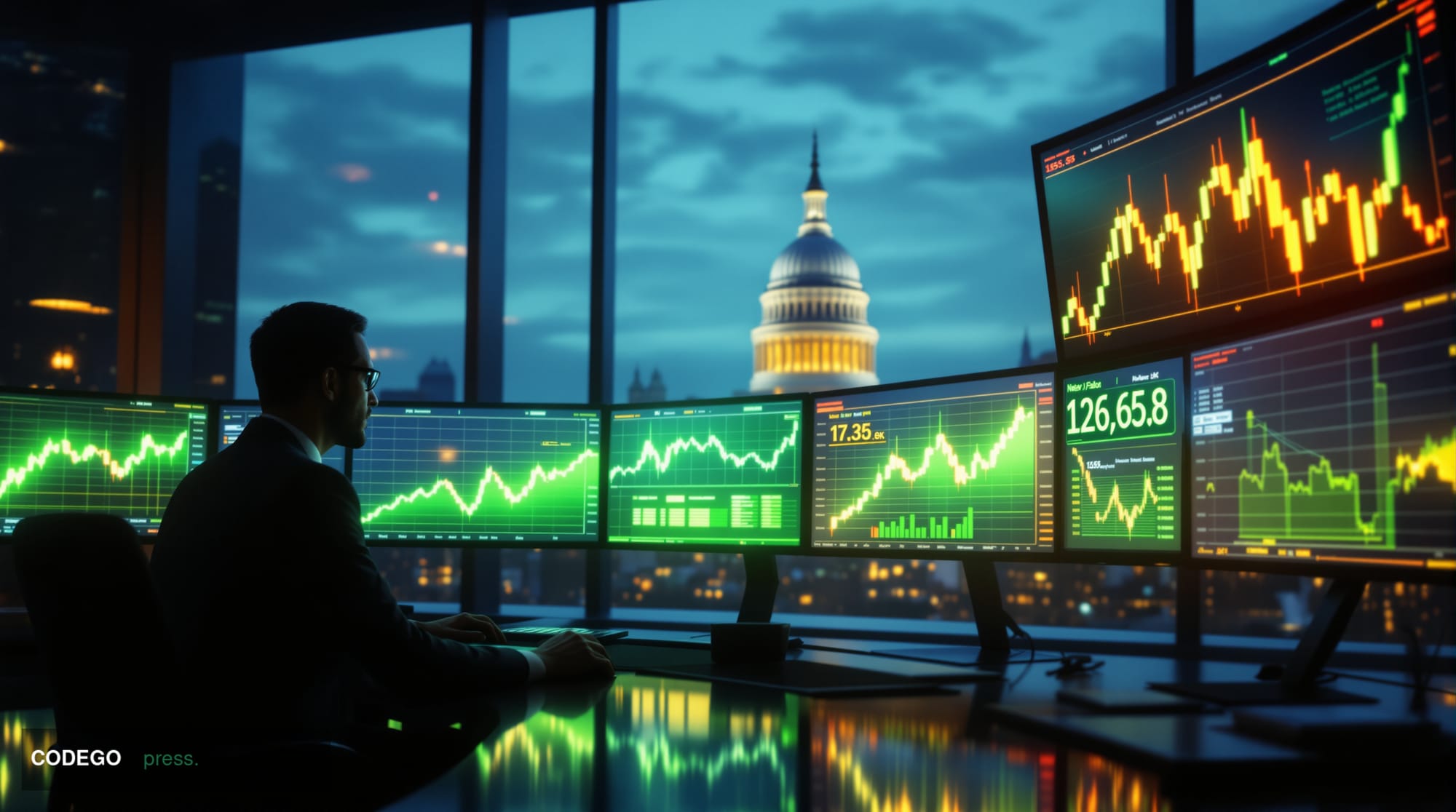 A dramatic photorealistic editorial photograph capturing the essence of cryptocurrency market recovery amid geopolitical deve