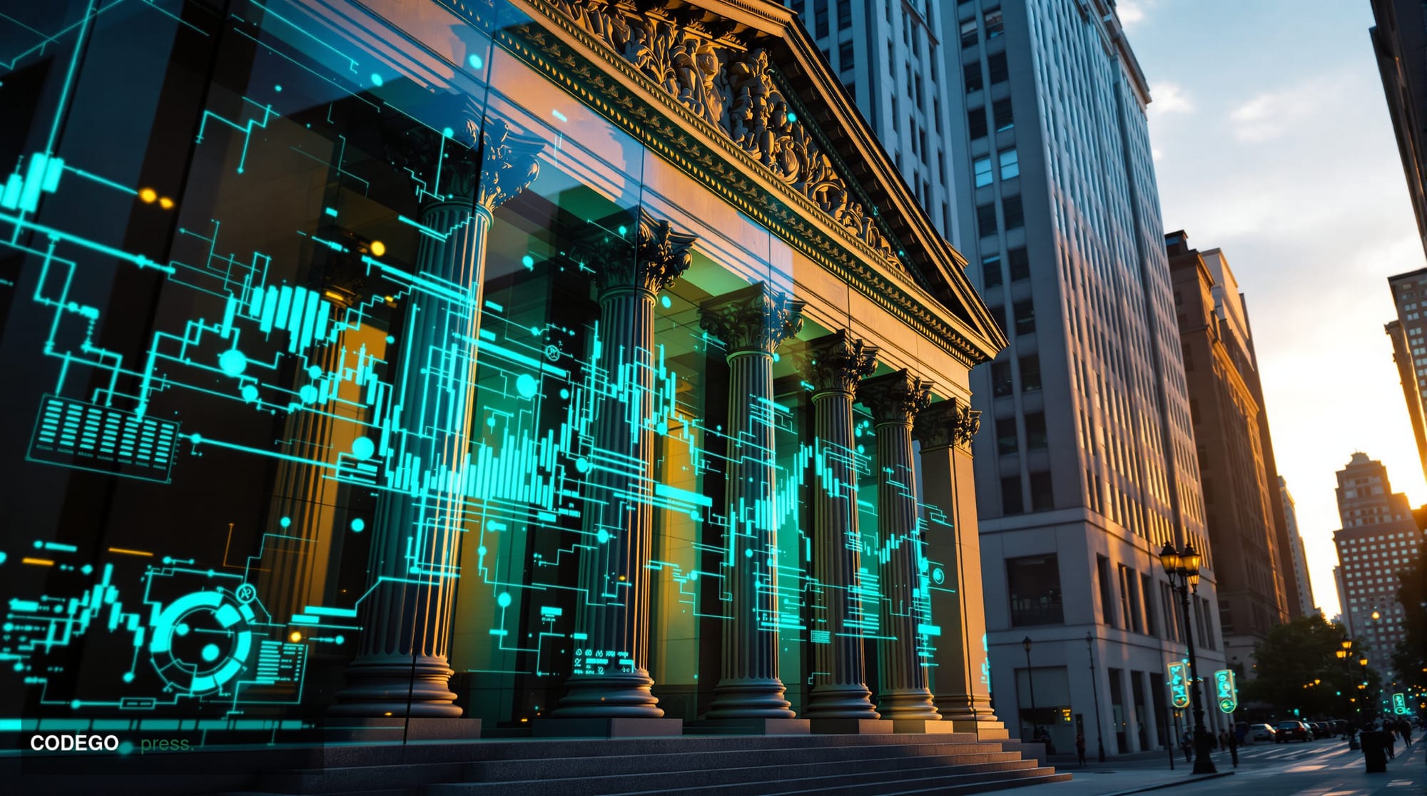 A photorealistic editorial photograph showing the New York Stock Exchange building facade in lower Manhattan during golden ho