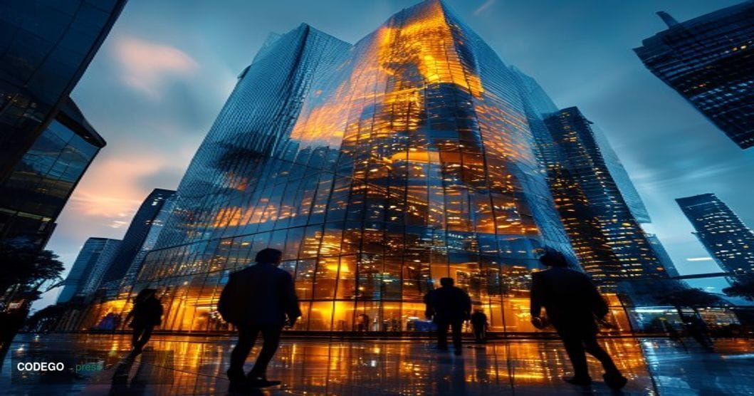 A cinematic editorial photograph of the Binance headquarters building exterior in its Singapore location, shot during golden 