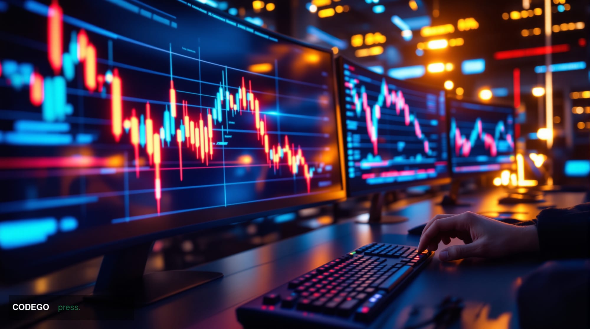 A photorealistic editorial photograph capturing the dramatic moment of Bitcoin's price movement in a high-tech trading enviro