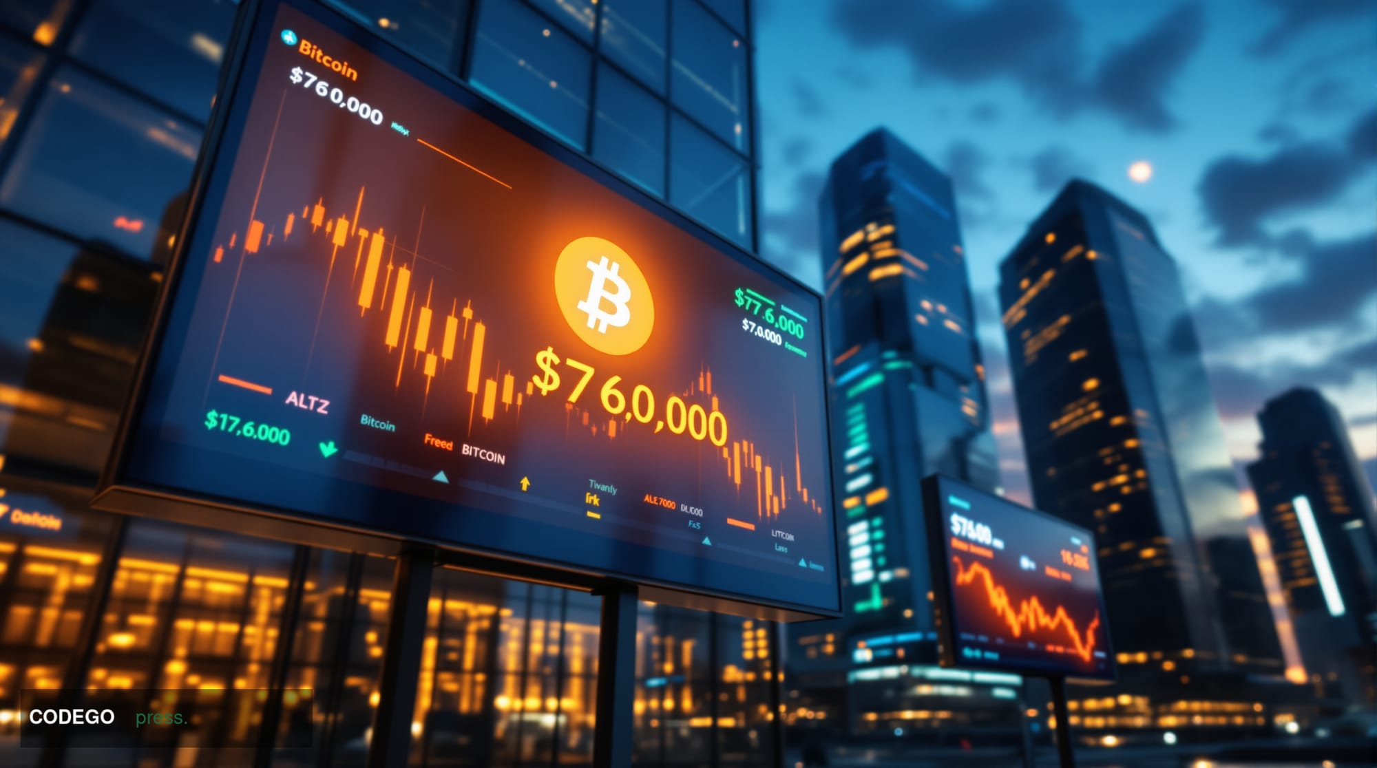 A cinematic editorial photograph capturing the dramatic tension of cryptocurrency market volatility. The scene shows a modern