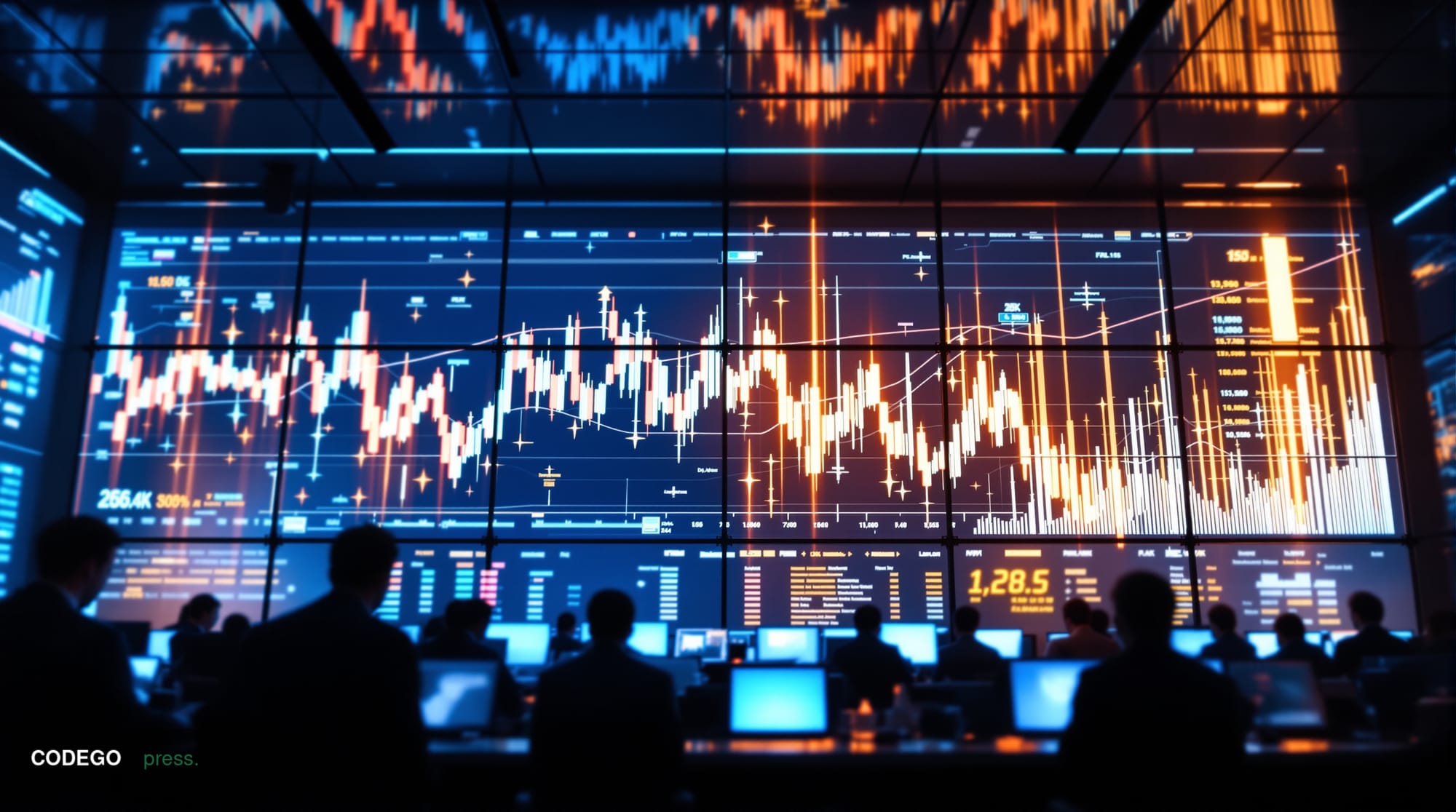 A dramatic photorealistic editorial scene showing the iconic Bitcoin logo prominently displayed on multiple large trading scr