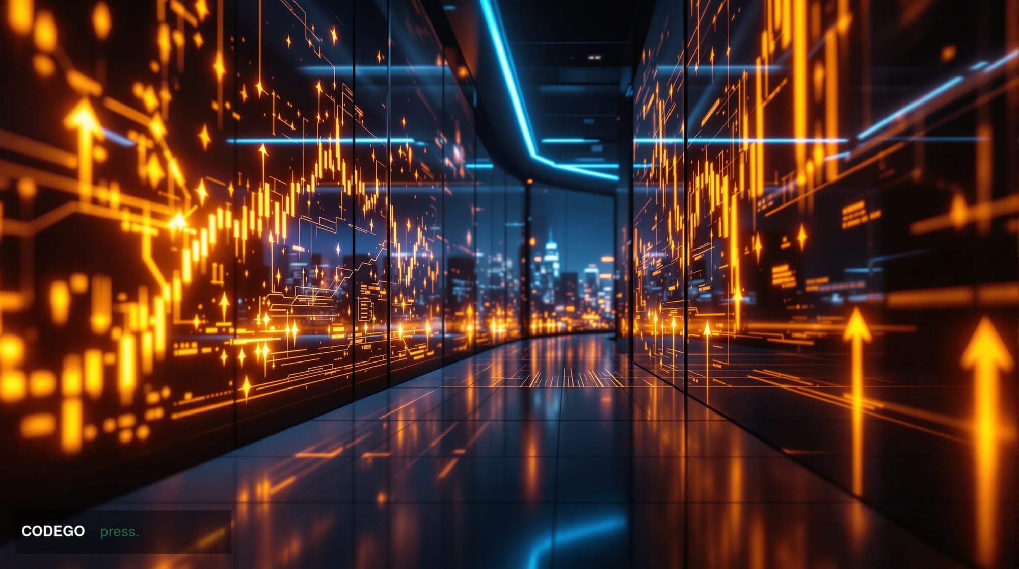 A cinematic editorial photograph of multiple large digital display screens in a modern cryptocurrency trading floor or financ