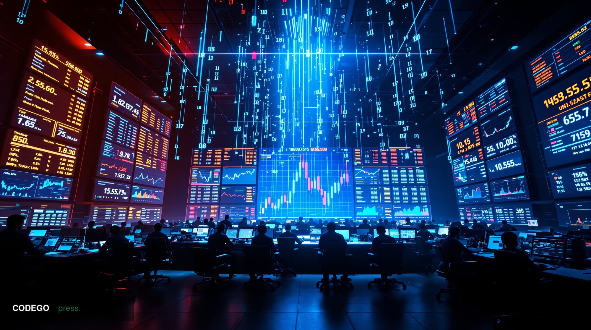 A dramatic cinematic editorial photograph capturing Bitcoin's price struggle at a critical technical level. The scene shows a
