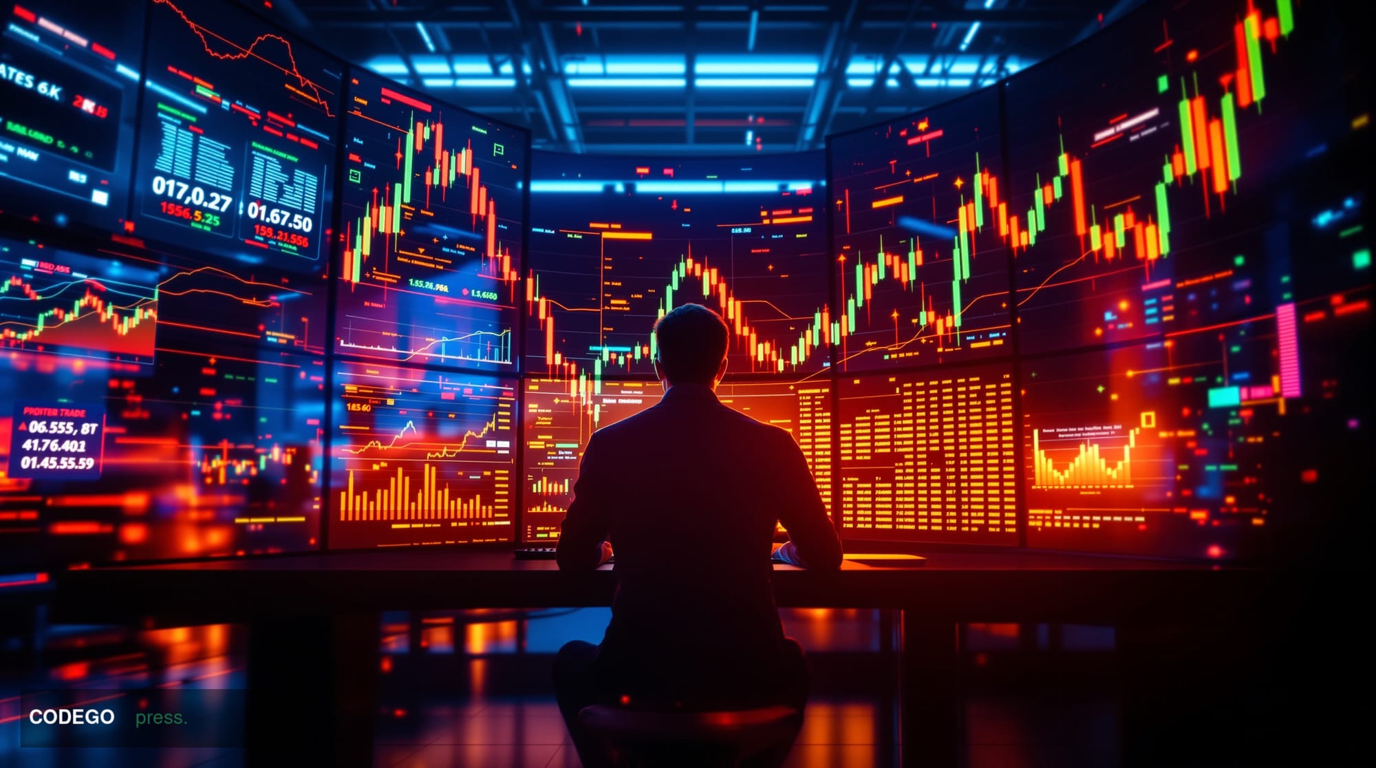 A photorealistic 8K editorial photograph showing a dramatic trading floor scene with multiple large screens displaying Bitcoi