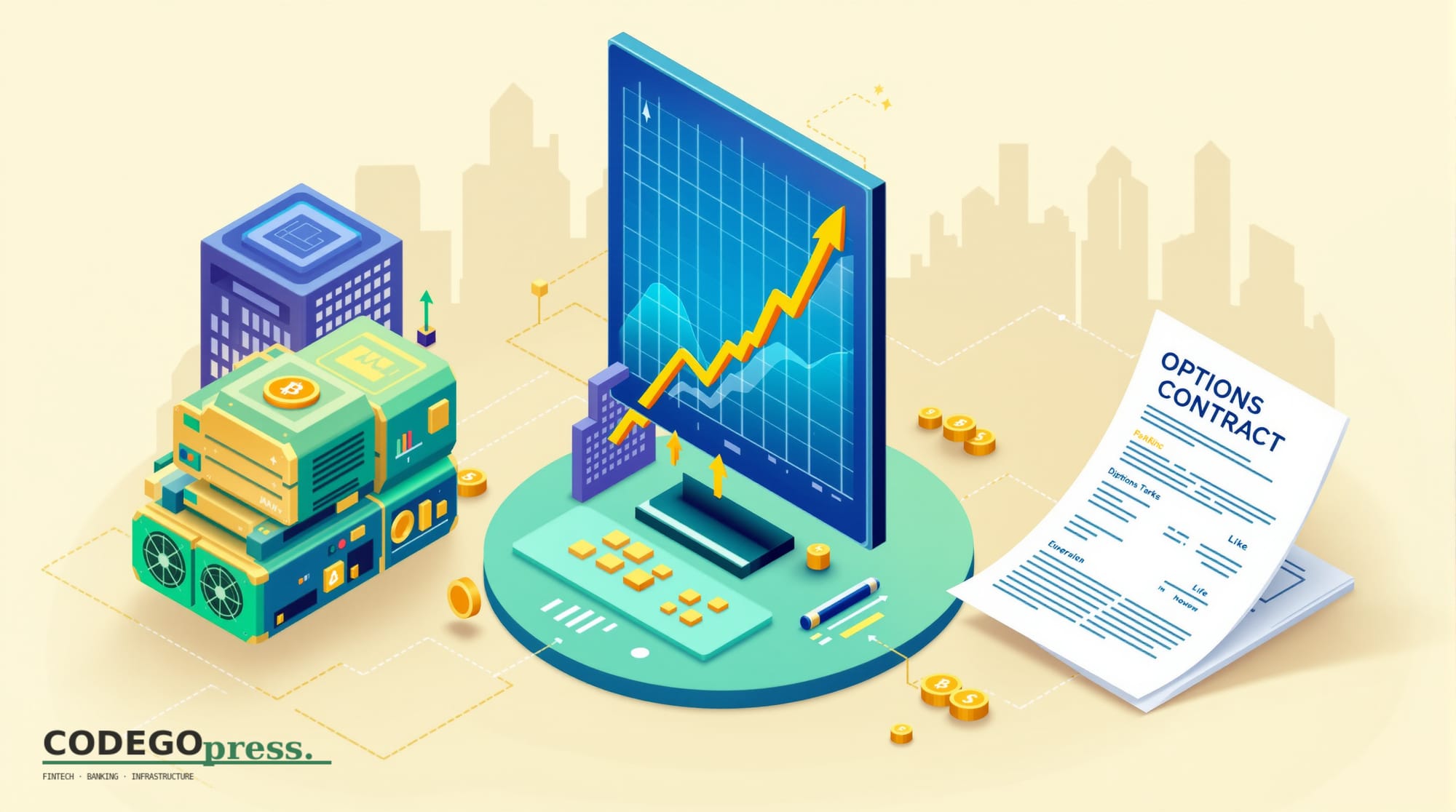 Flat 3D isometric vector editorial illustration. Banking-green primary (#1A6B43), cream background, gold and navy accents, so