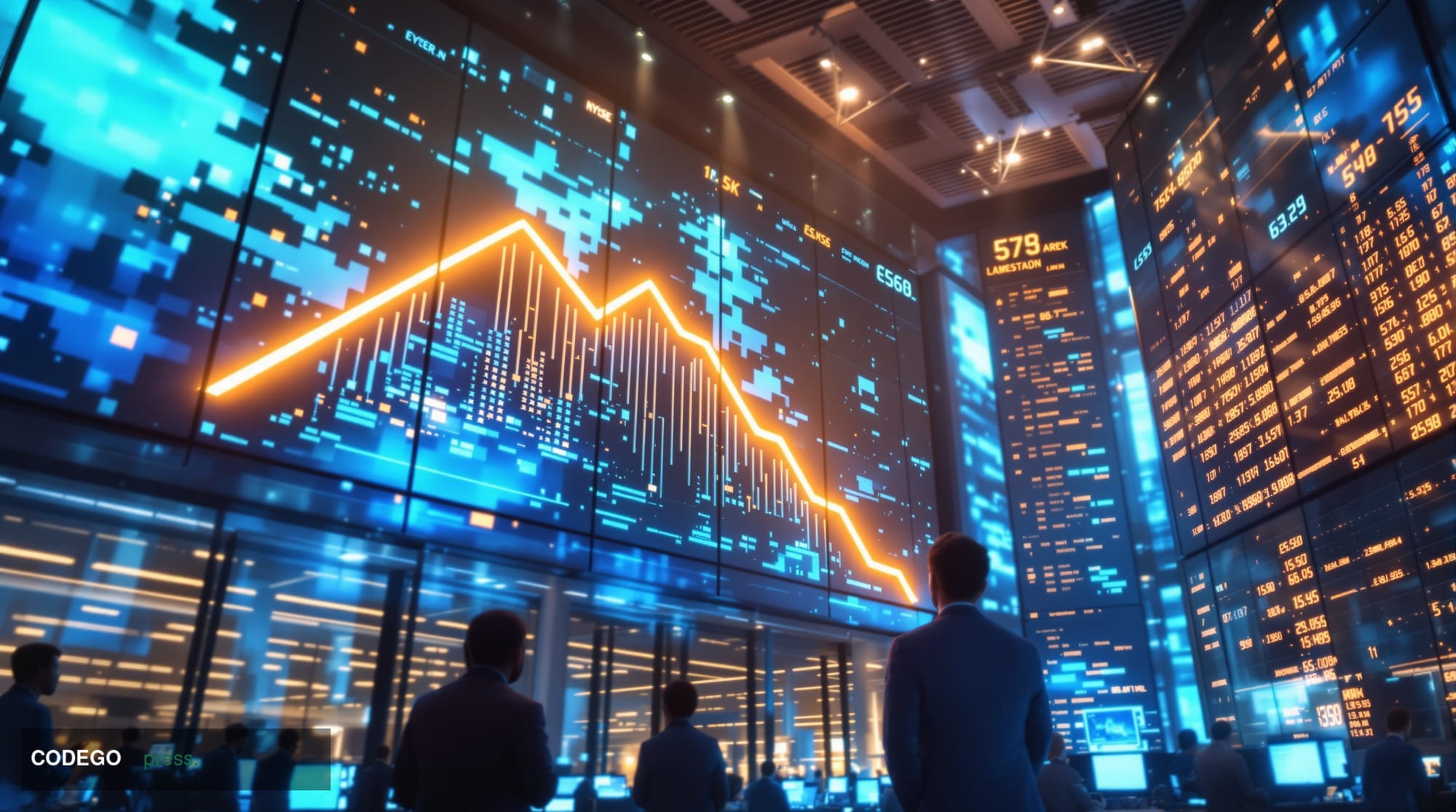A dramatic photorealistic editorial photograph showing a modern cryptocurrency trading floor or financial district office wit