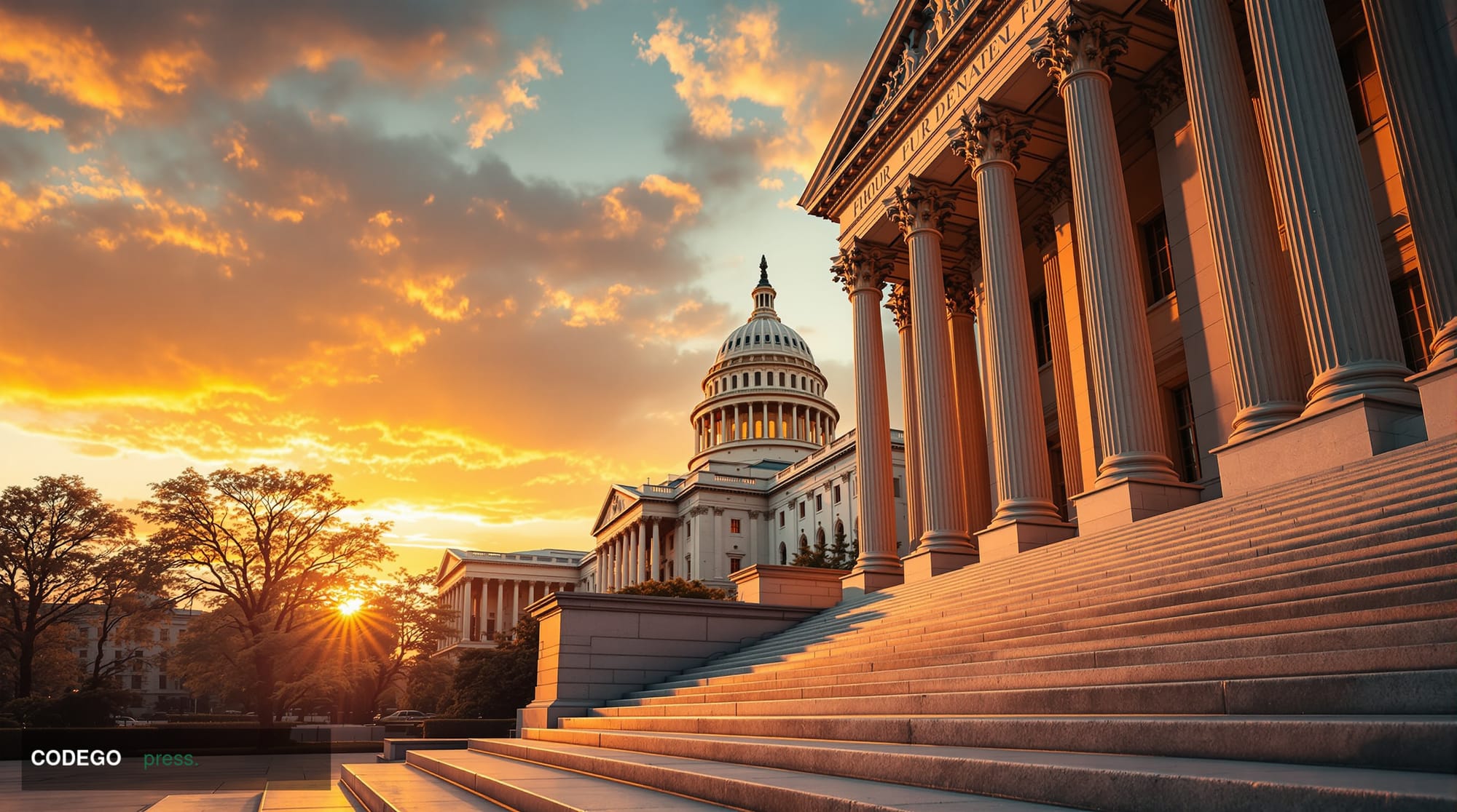 A dramatic photorealistic editorial photograph showing the Federal Reserve building in Washington D.C. during golden hour, wi