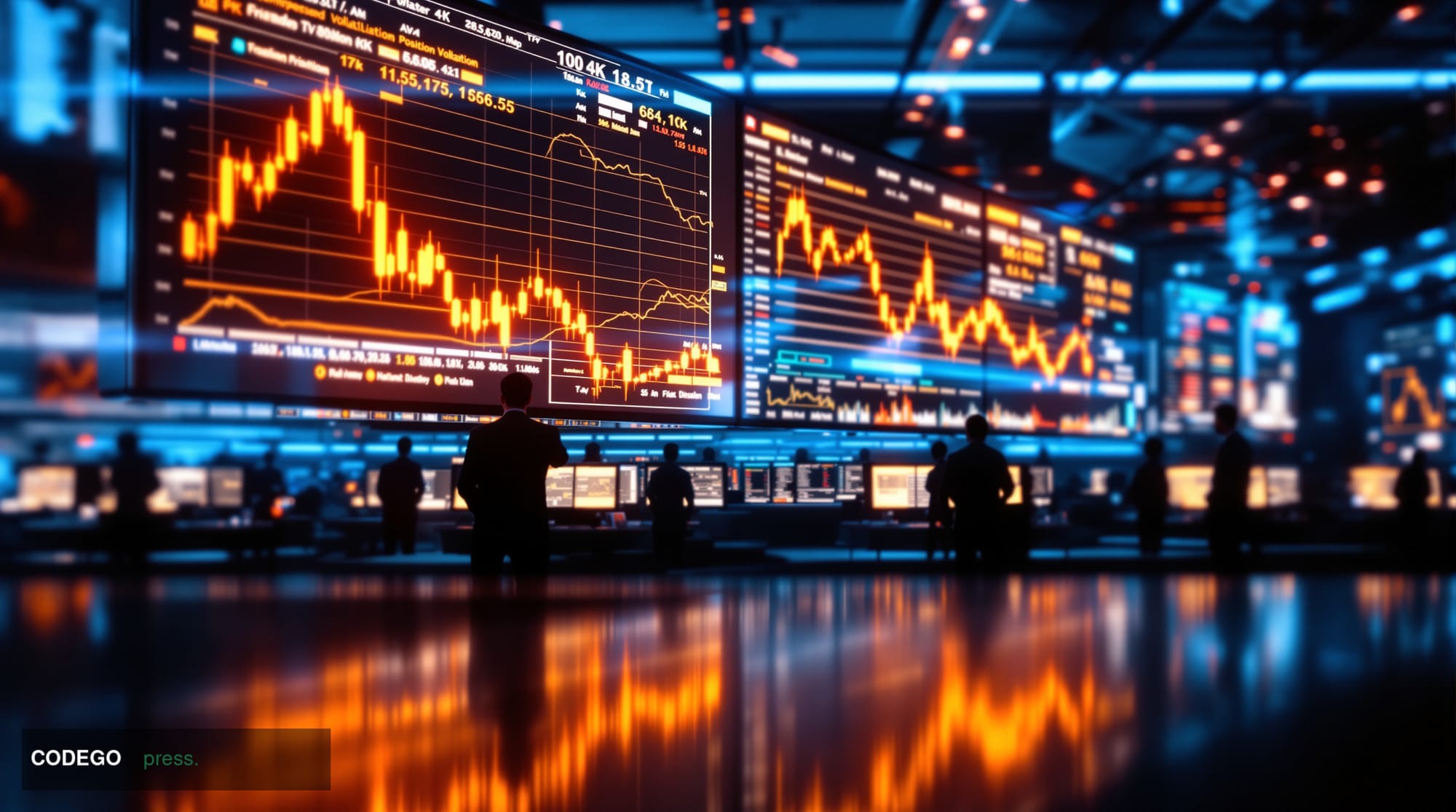 A photorealistic 8K editorial photograph showcasing Bitcoin's market dynamics through a dramatic financial war room scene. Th