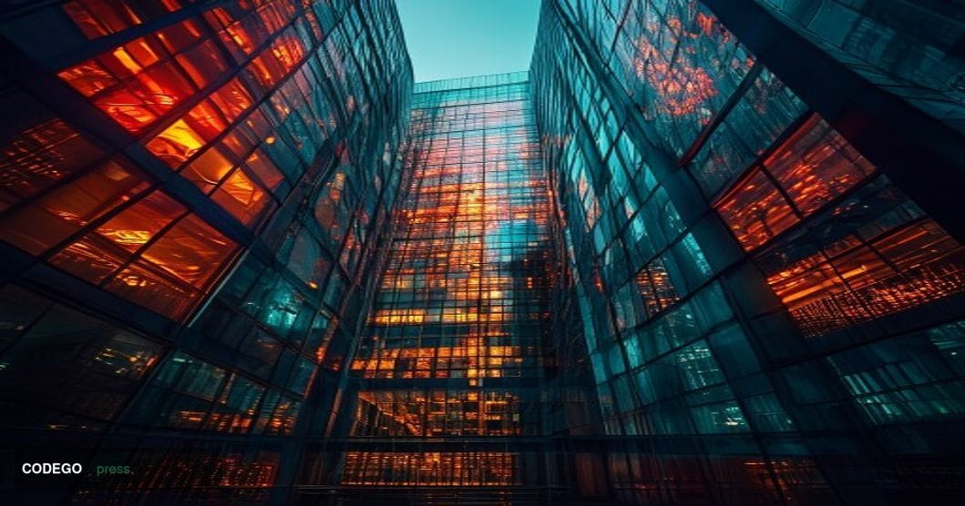 A dramatic photorealistic editorial photograph of a large digital trading floor or cryptocurrency exchange headquarters at du