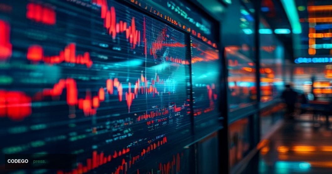 A cinematic editorial photograph showing a dramatic close-up view of a large digital trading display screen in a modern crypt
