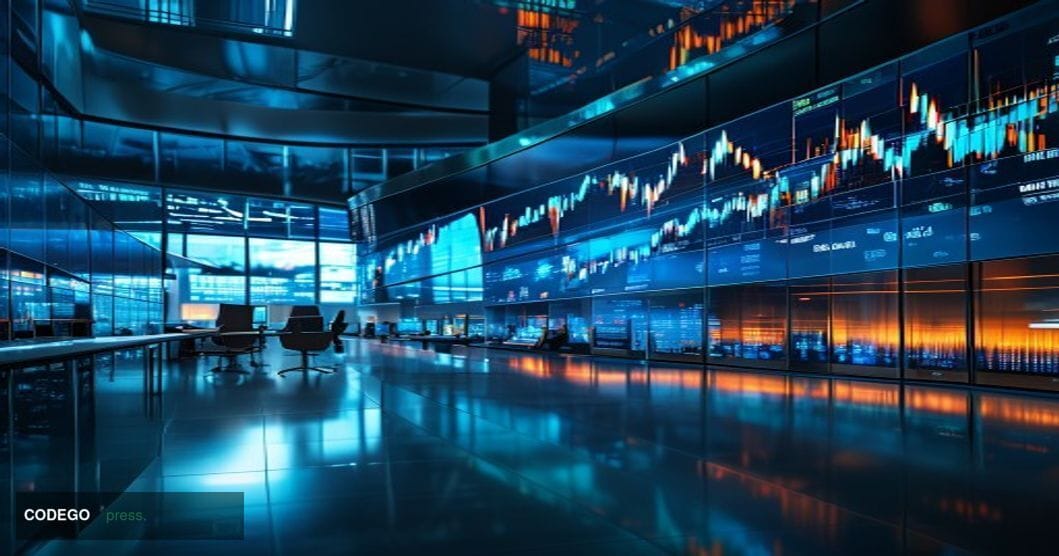 A cinematic editorial photograph of the Bitcoin logo prominently displayed on a large digital trading screen in a modern inst