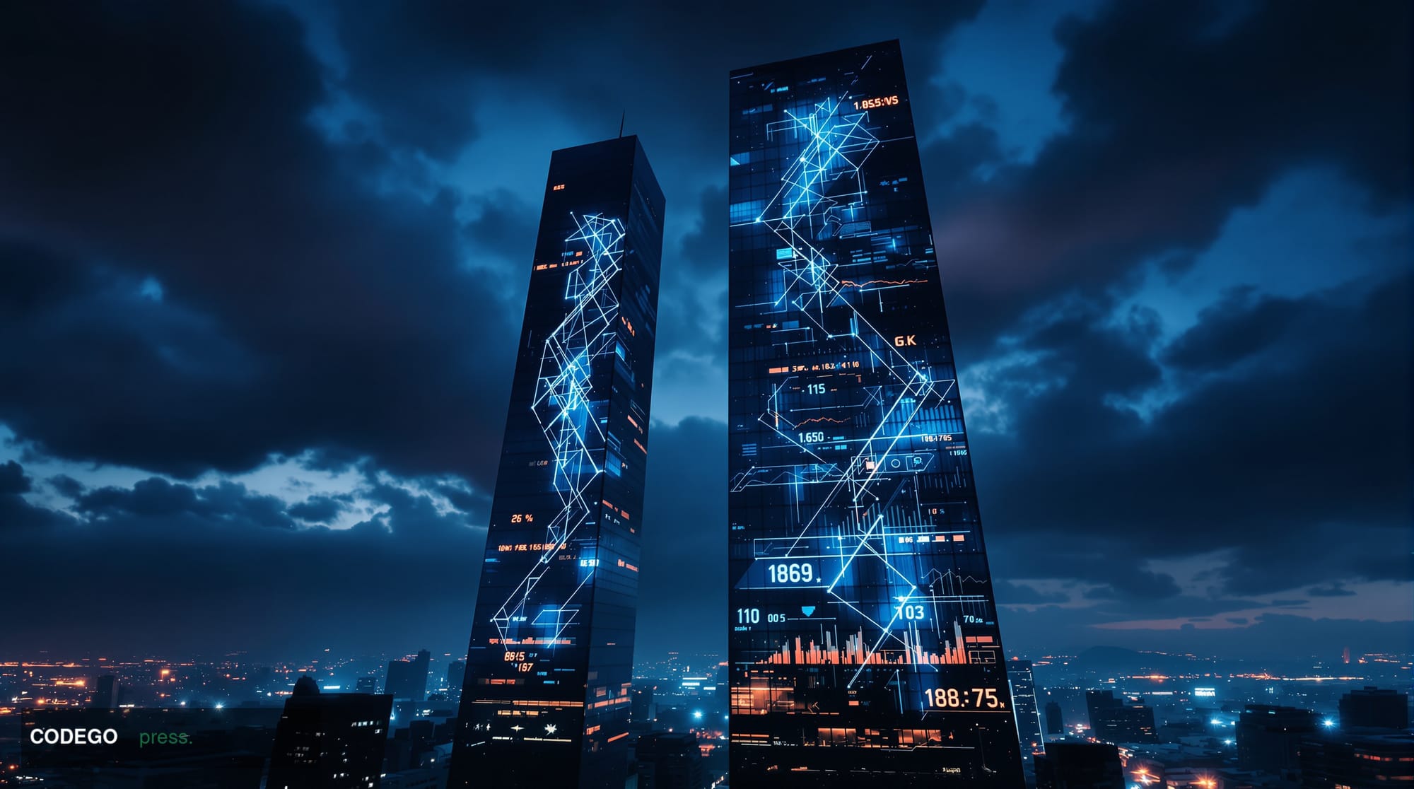 A cinematic editorial photograph capturing the essence of cryptocurrency market uncertainty through a dramatic nighttime city