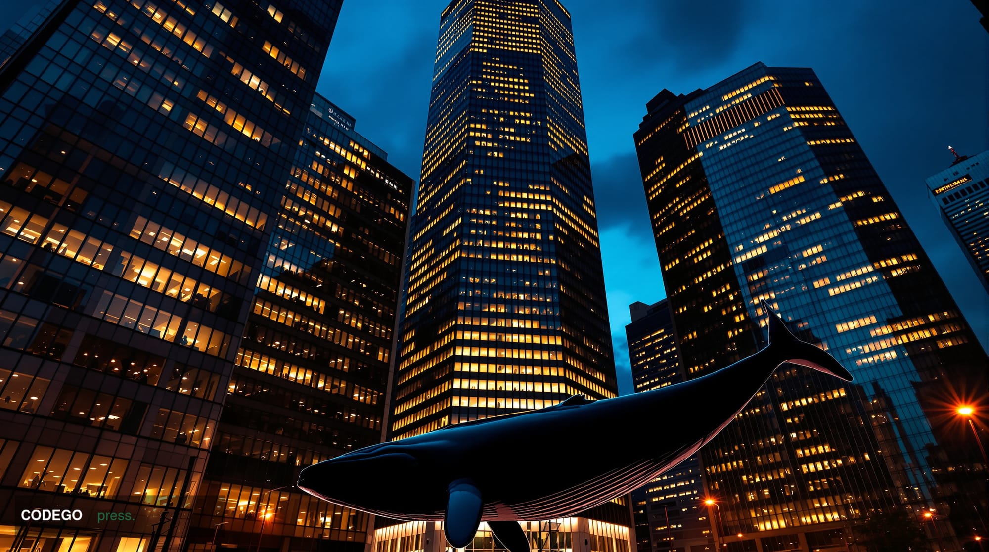A dramatic nighttime photograph of towering glass office buildings in Manhattan's financial district, shot from street level 