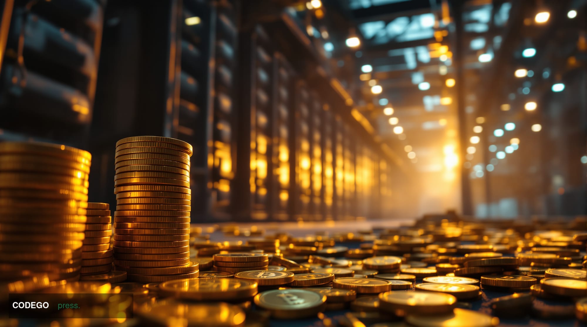 A cinematic editorial photograph showing a massive cryptocurrency mining facility or Bitcoin exchange headquarters at dawn, w
