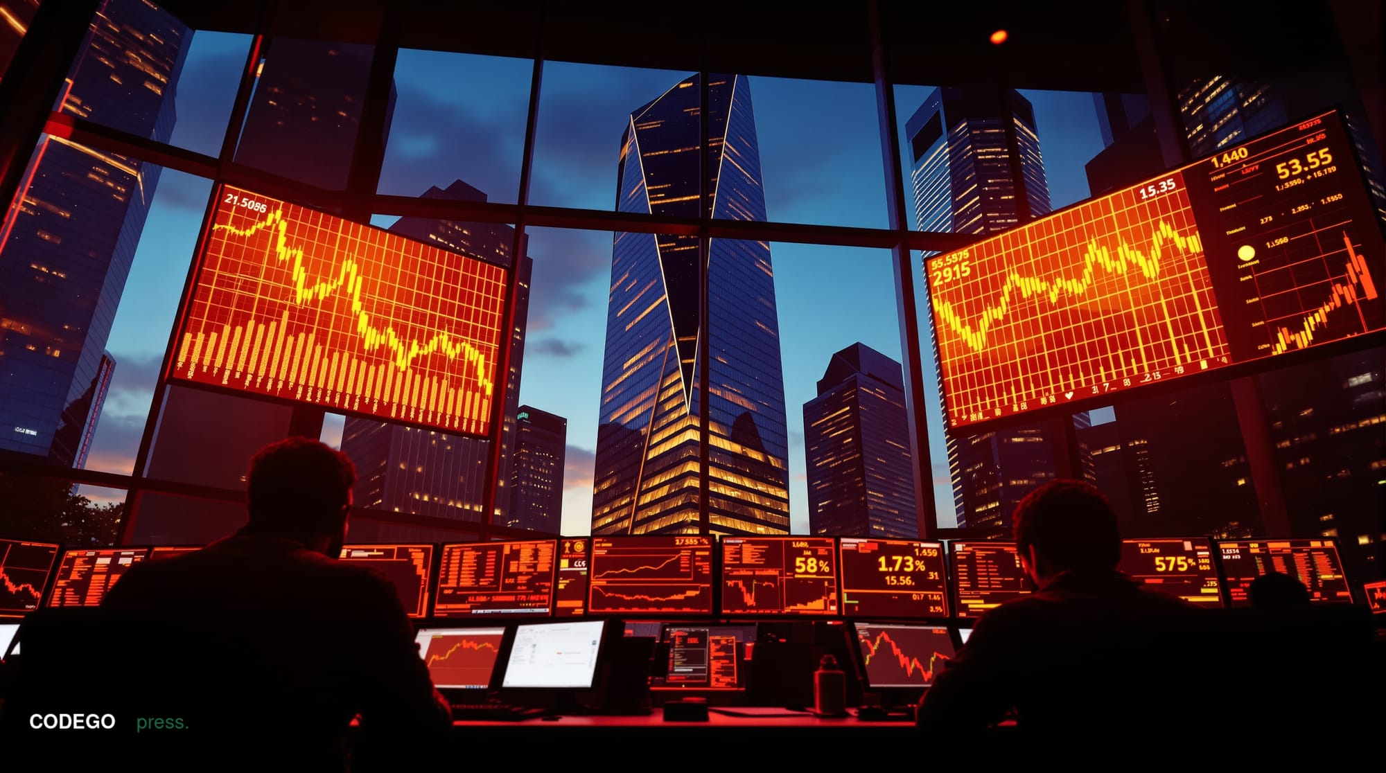 A dramatic photorealistic editorial photograph capturing the intersection of cryptocurrency and tech earnings anxiety. The sc