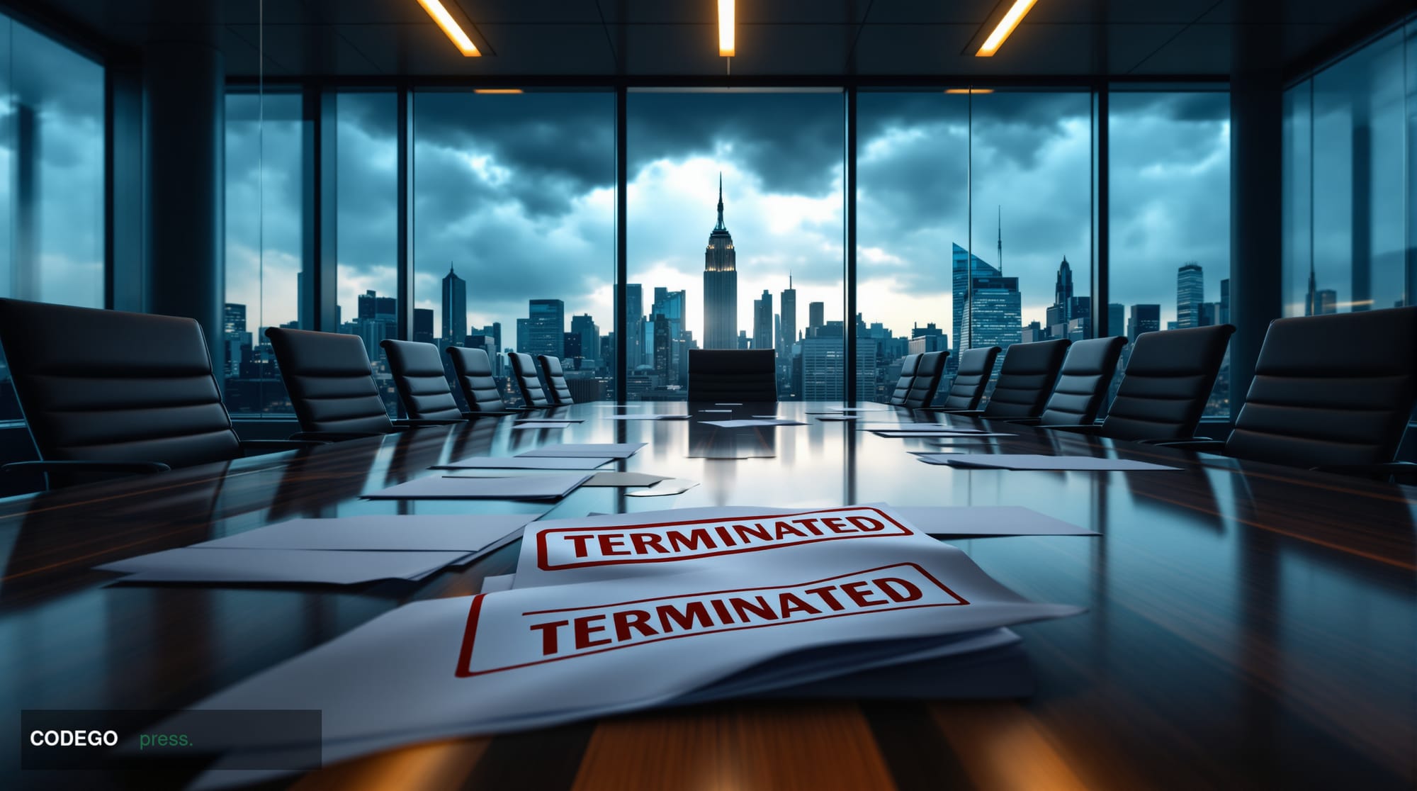 A dramatic photorealistic editorial photograph showing a modern glass corporate boardroom with empty chairs around a polished