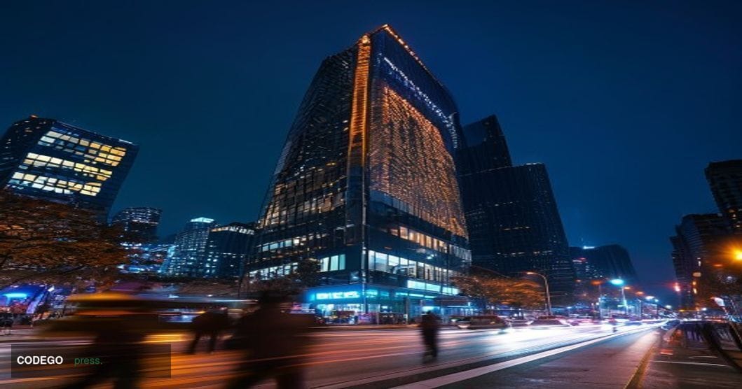 A cinematic editorial photograph capturing Bithumb's Seoul headquarters at night, with the illuminated company signage visibl