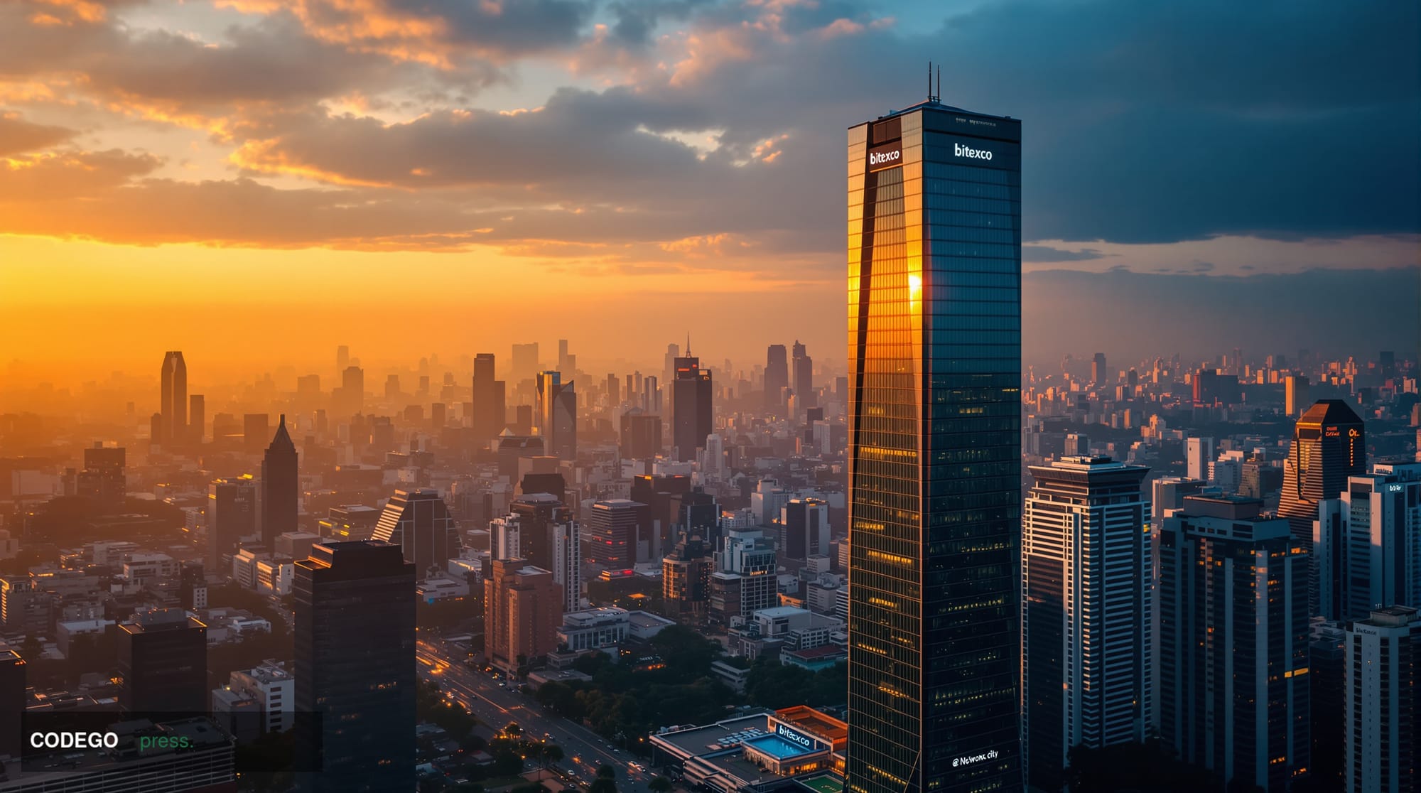 A cinematic editorial photograph capturing Ho Chi Minh City's modern financial district skyline at golden hour, featuring the